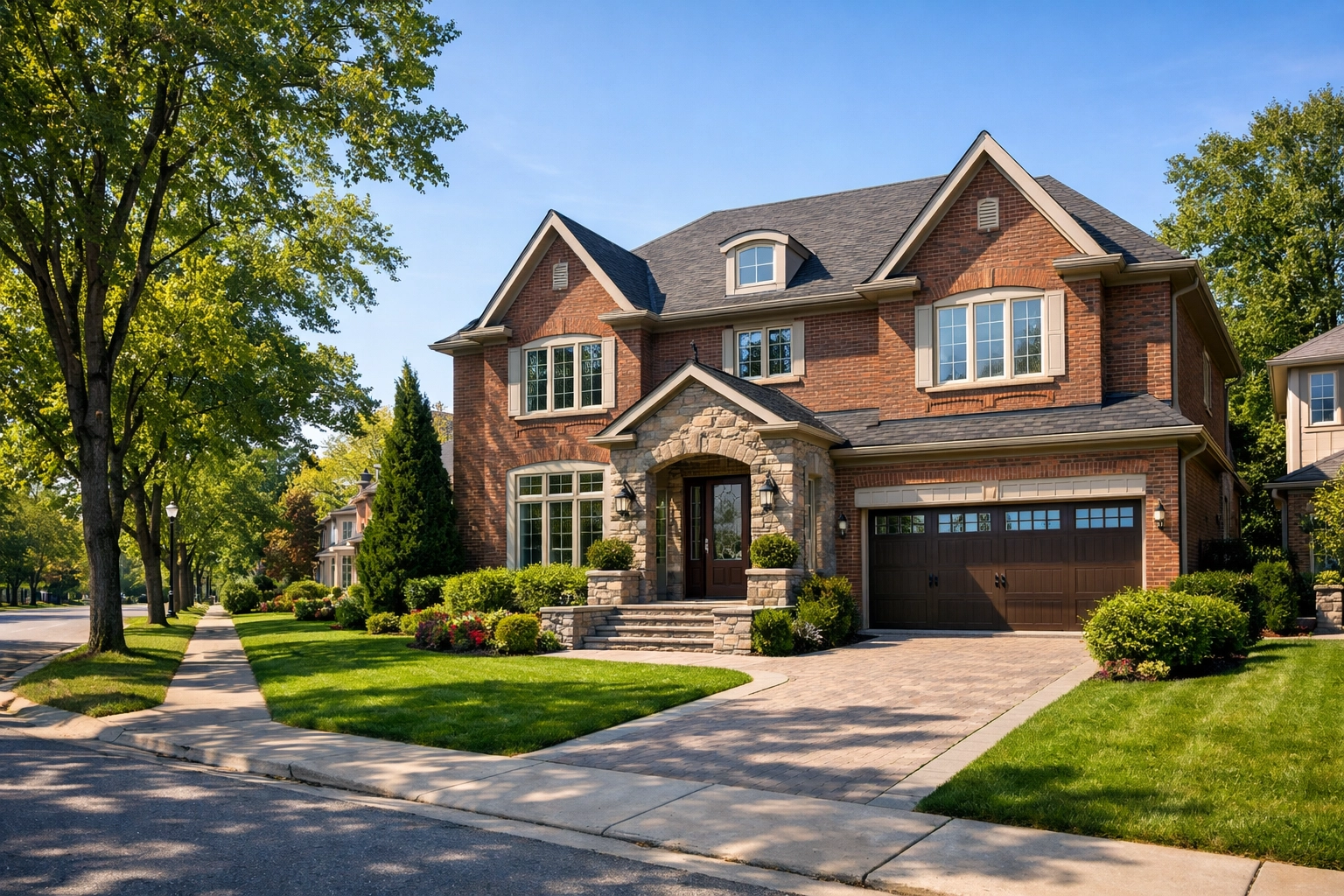 Luxury brick family home on a leafy street in Thornhill, representing prime North York real estate.