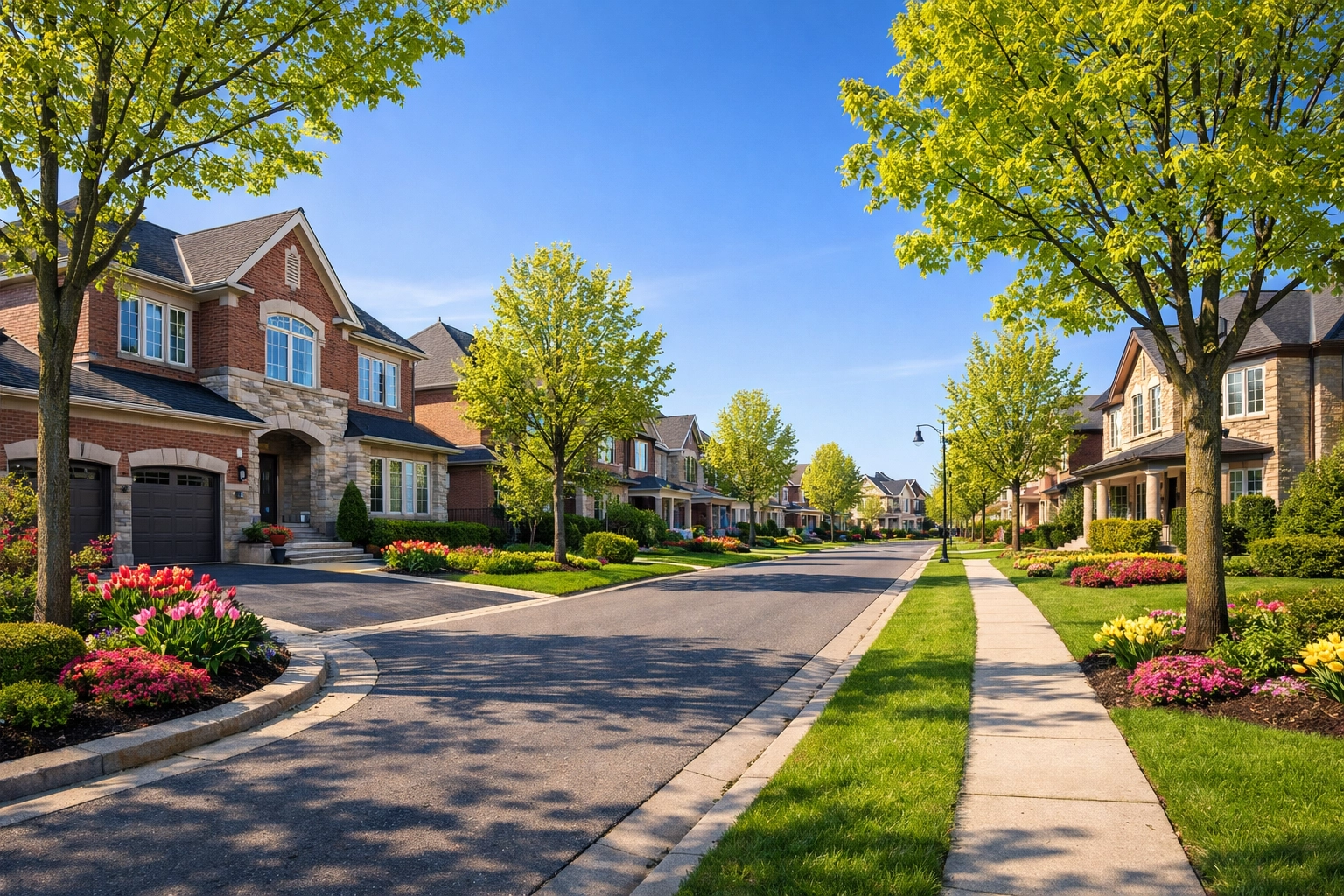 Luxury detached homes on a prestigious suburban street in Richmond Hill, Ontario, during a bright morning.