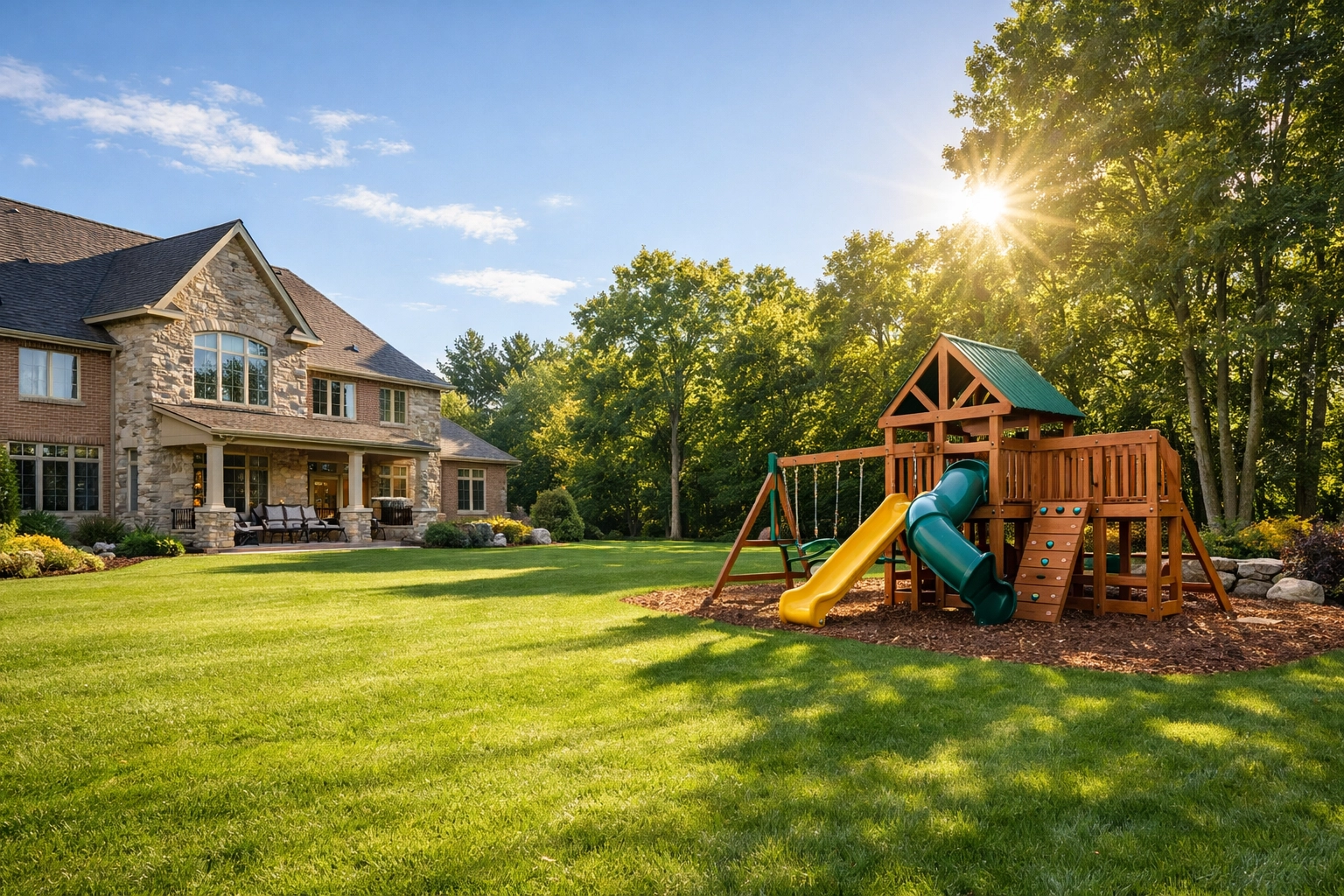 Luxury home for sale in Innisfil featuring a large backyard and mature trees, perfect for families.