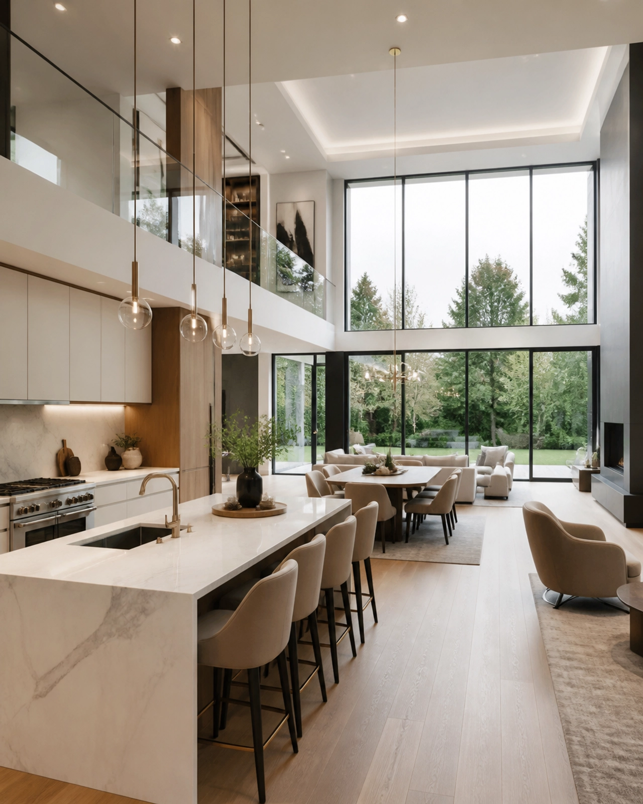 A luxury Mississauga home interior featuring an ultra-modern kitchen with marble countertops and floor-to-ceiling windows.