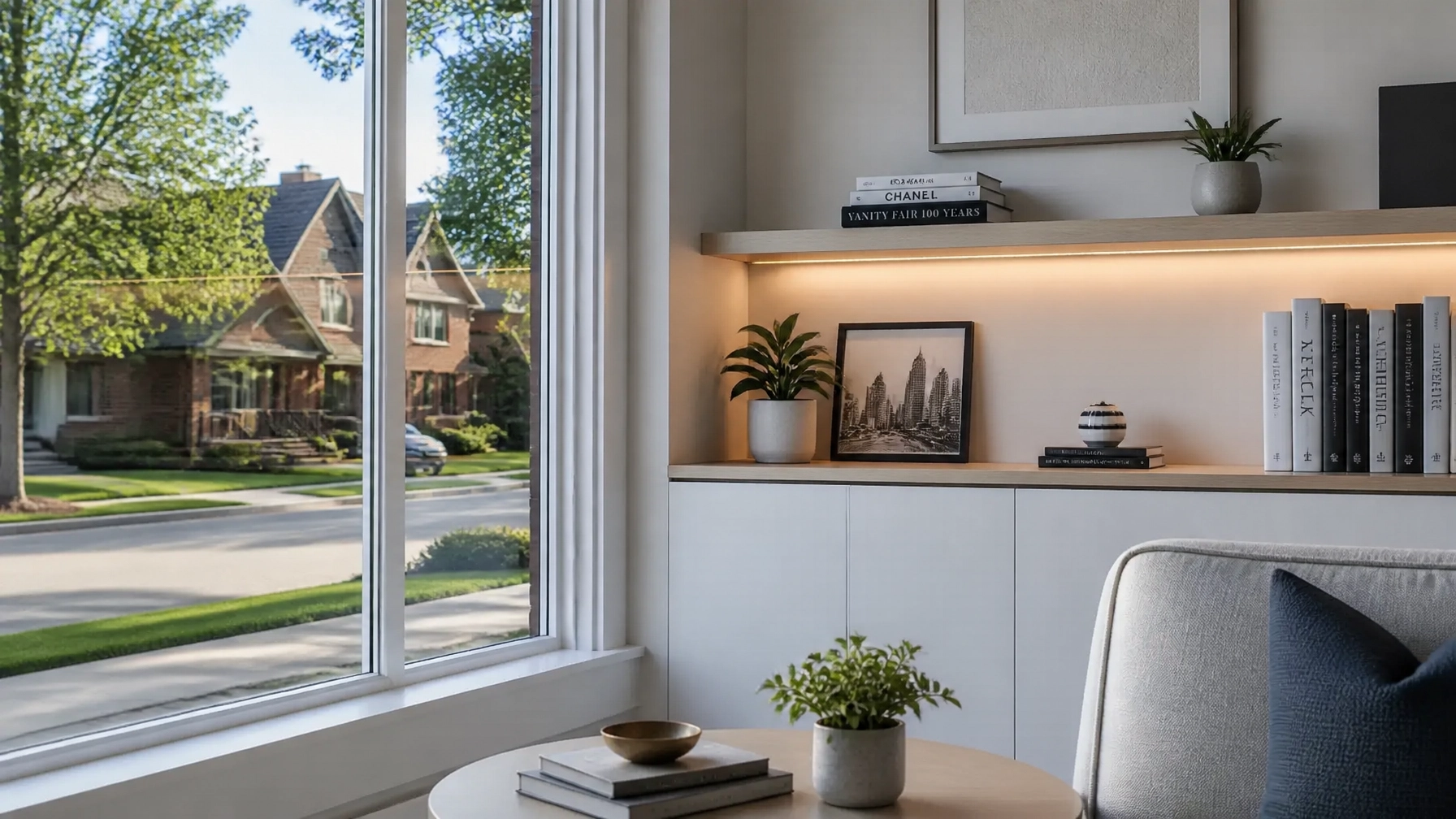 A minimalist and organized living space in a smaller modern home
