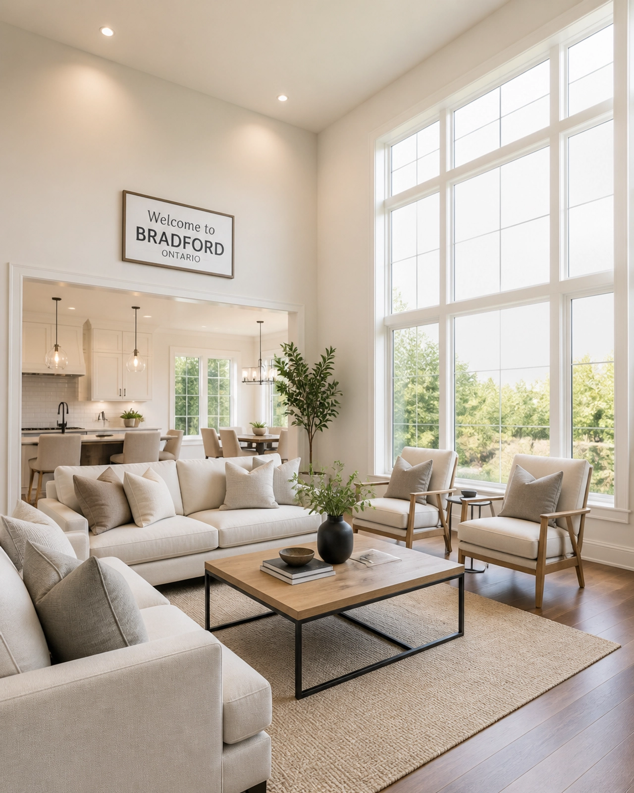A modern, bright, and airy living room interior of a home in Bradford, Ontario