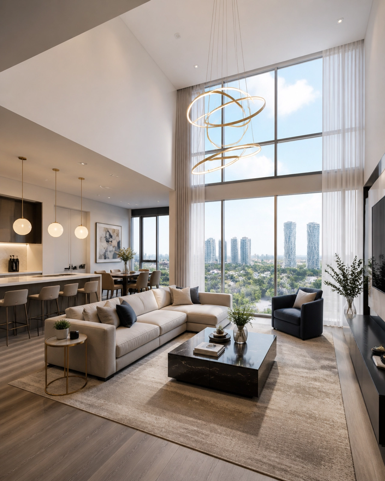 A modern and bright interior of a luxury pre-construction condominium show suite in Vaughan with floor-to-ceiling windows.