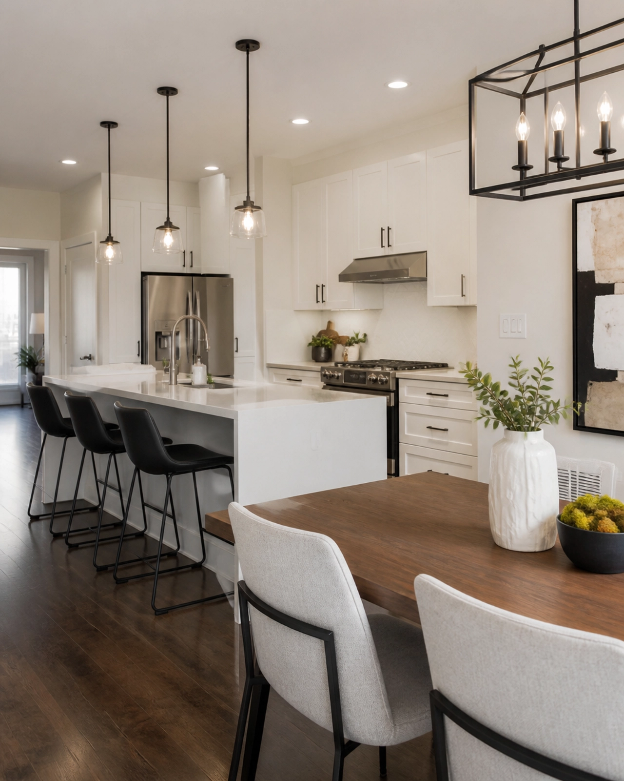 Modern, bright interior of a townhouse kitchen in Mississauga with sleek white cabinets and quartz countertops.