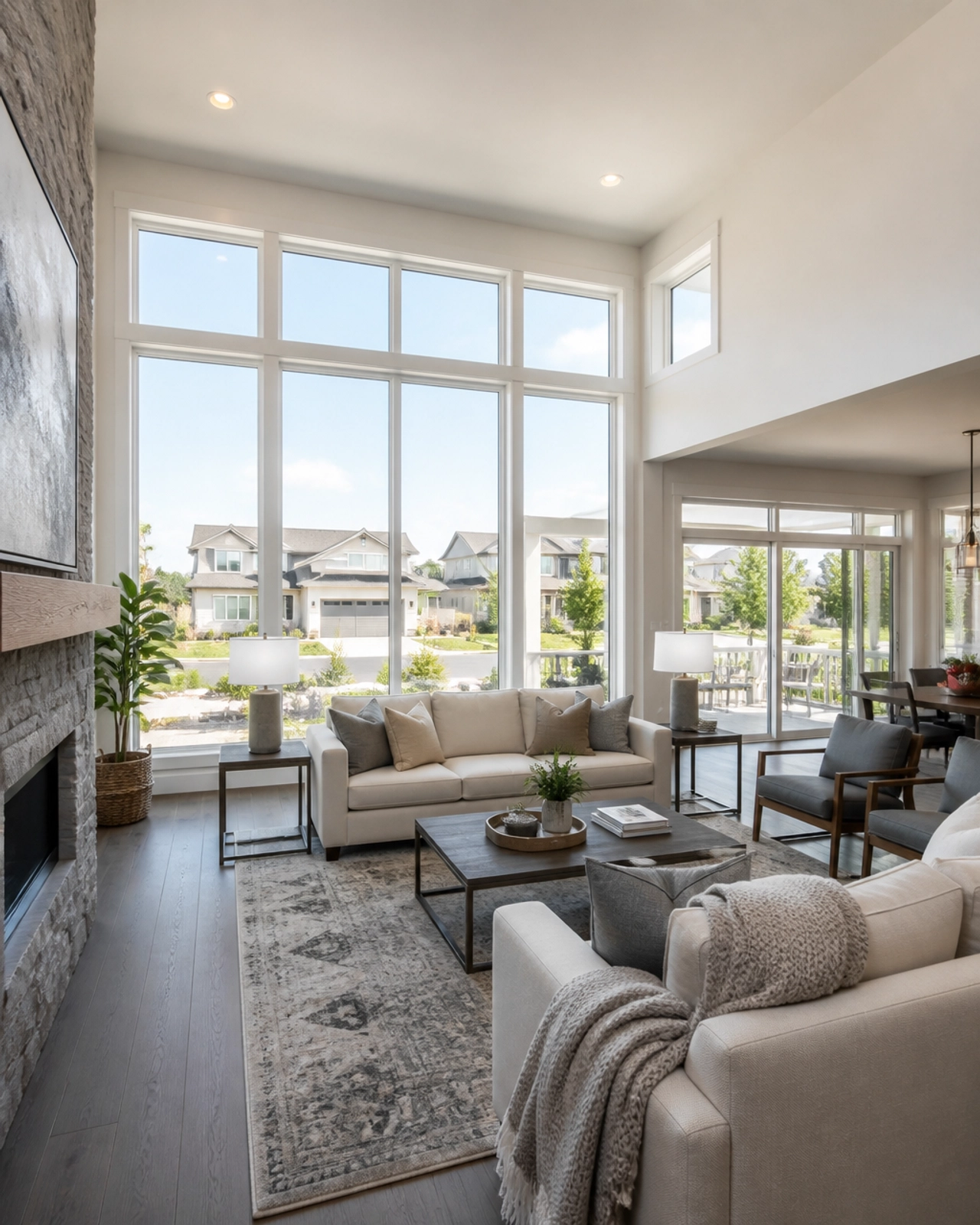 A modern and bright living room interior of a new home in Innisfil with high ceilings and hardwood floors.