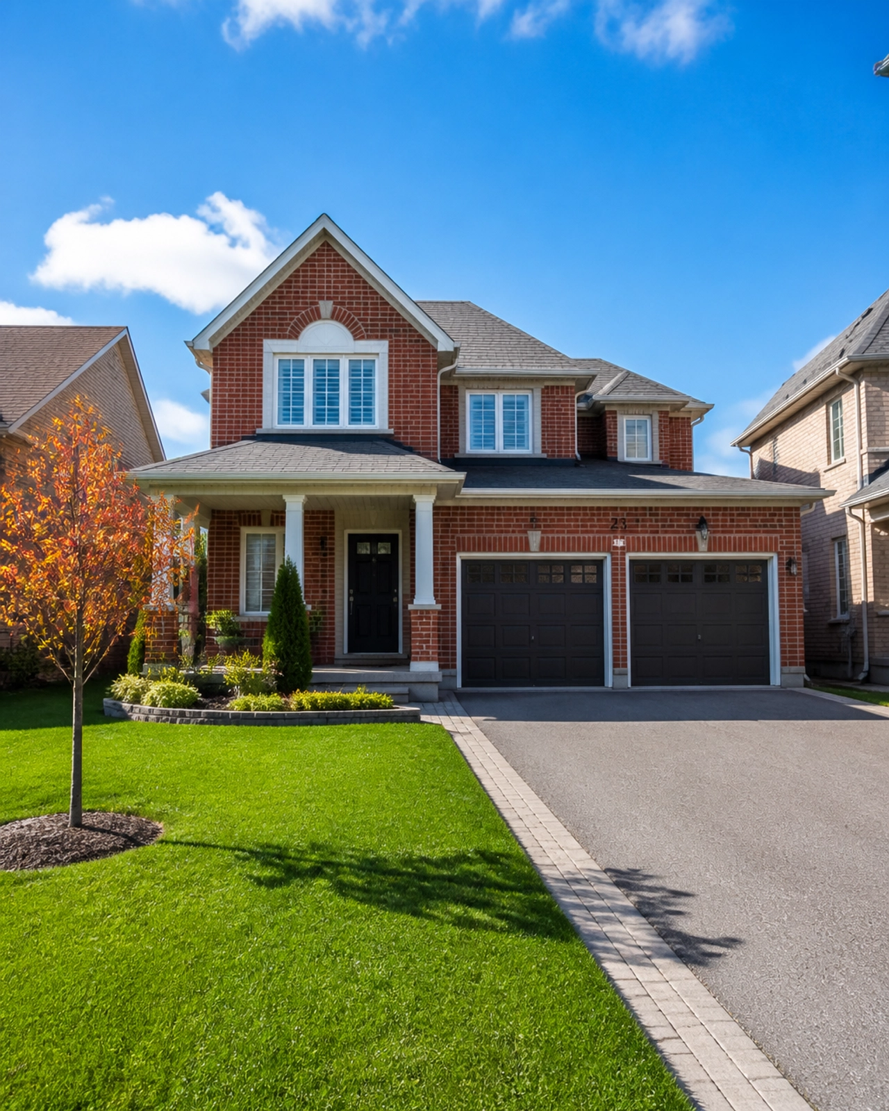 A modern, classic brick suburban home in a quiet Barrie neighborhood, featuring a large green lawn and a two-car garage.