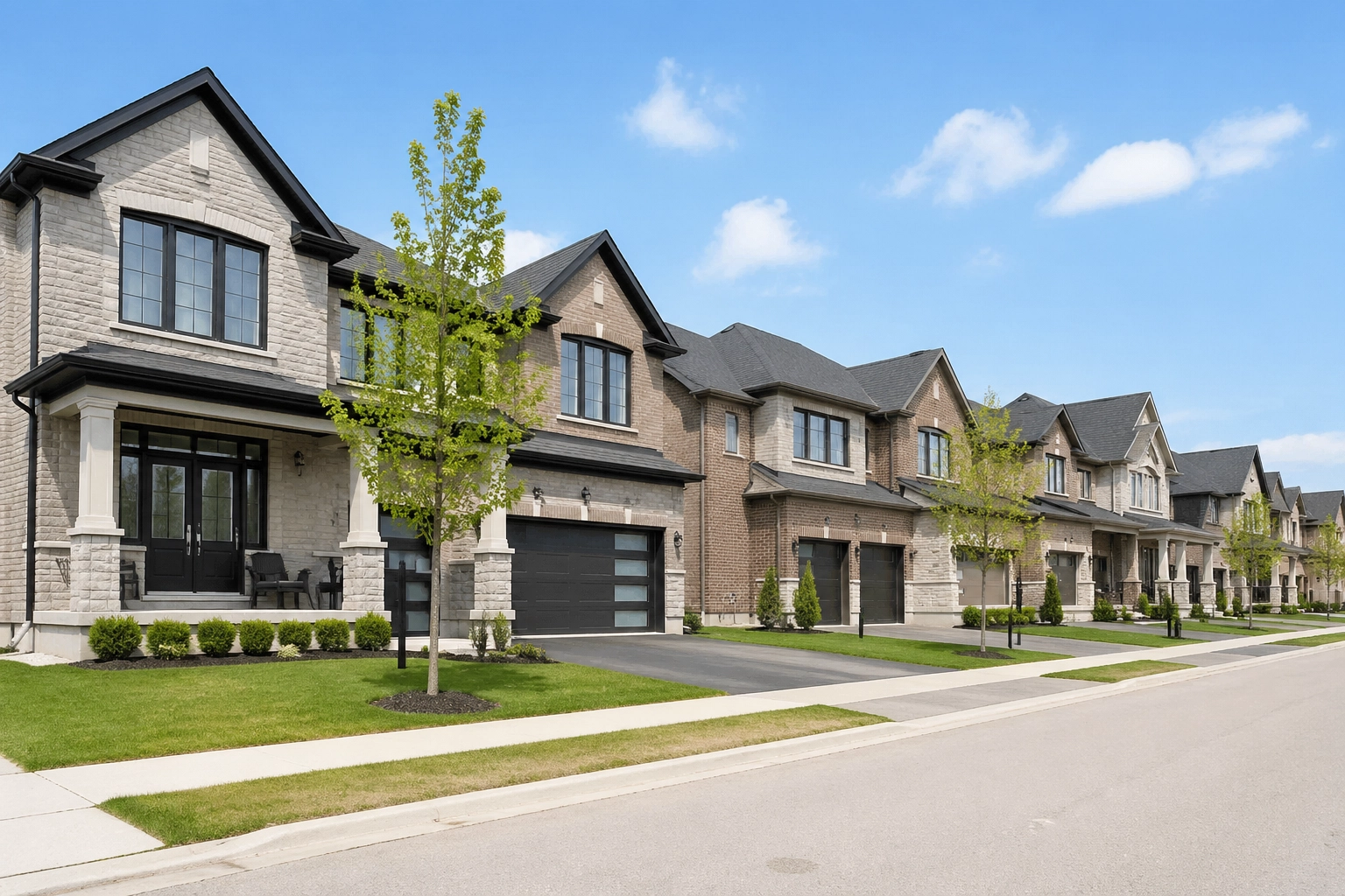 Modern detached homes on a quiet residential street in South Barrie near the GO Station.
