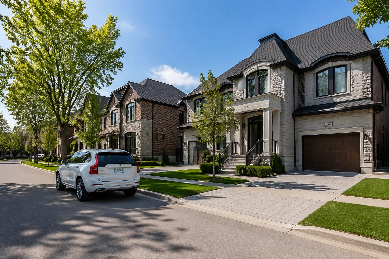 Modern detached homes on a sunny street in the Greater Toronto Area during weekend house hunting.