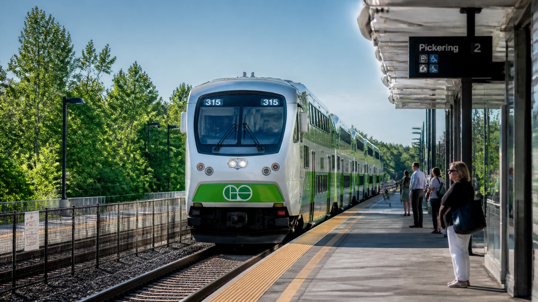 A modern GO Transit train at a contemporary station in Ontario