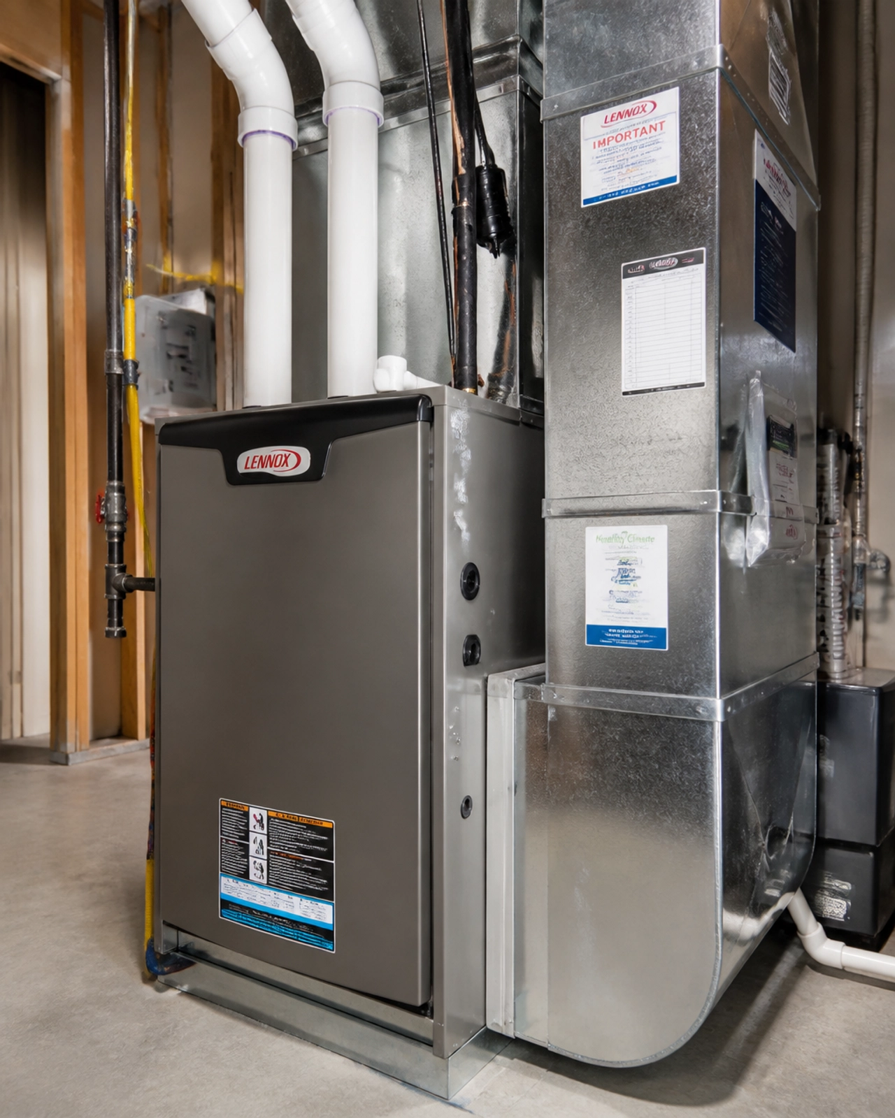 A modern, high-efficiency furnace and HVAC system in a well-maintained Canadian basement.