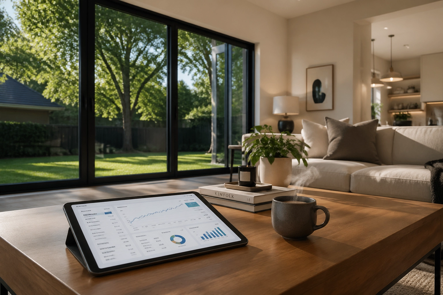 Modern living room with a tablet showing real estate portfolio building data in Ontario.