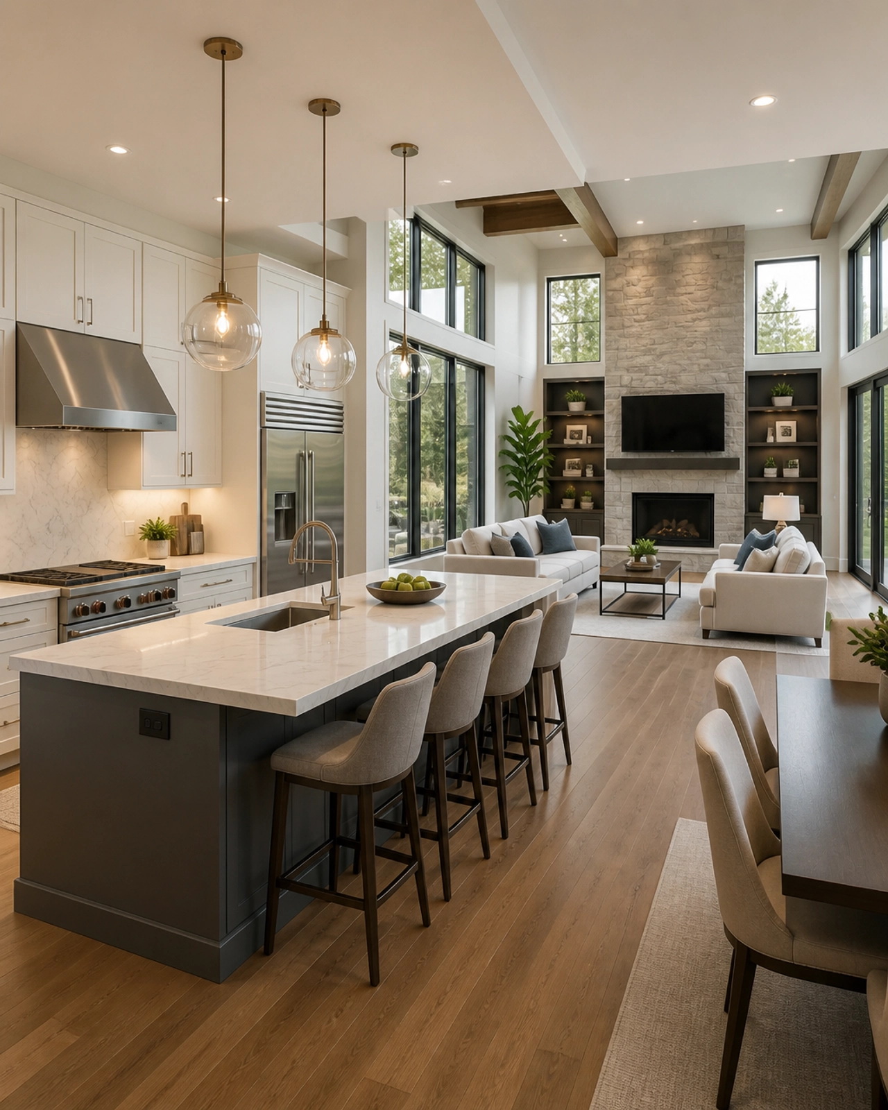 Modern, open-concept kitchen and living room in a new Stouffville build, showcasing high ceilings and natural light.