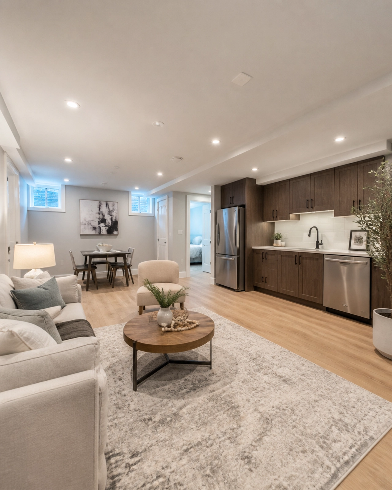 A modern, professionally designed interior of a legal basement suite in Markham with high-end finishings.