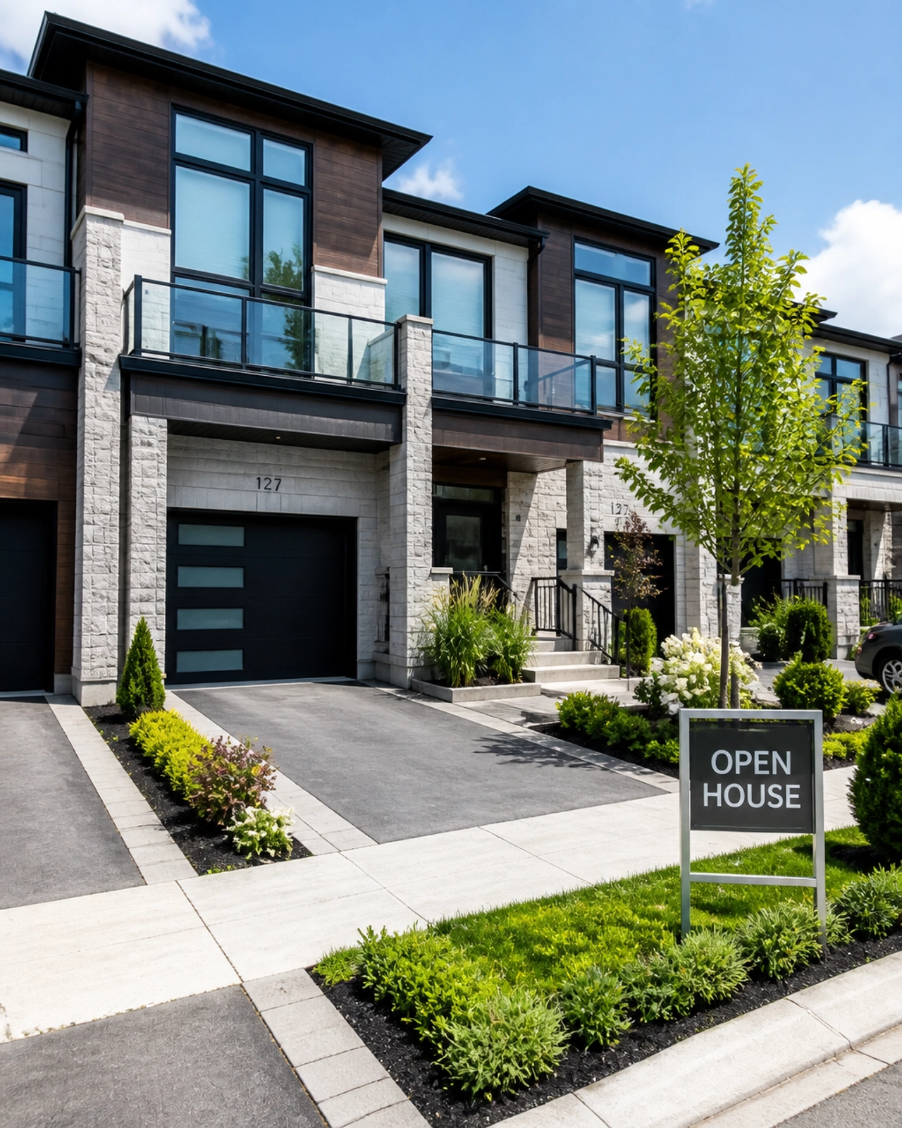A modern row townhouse exterior in a quiet Innisfil neighbourhood