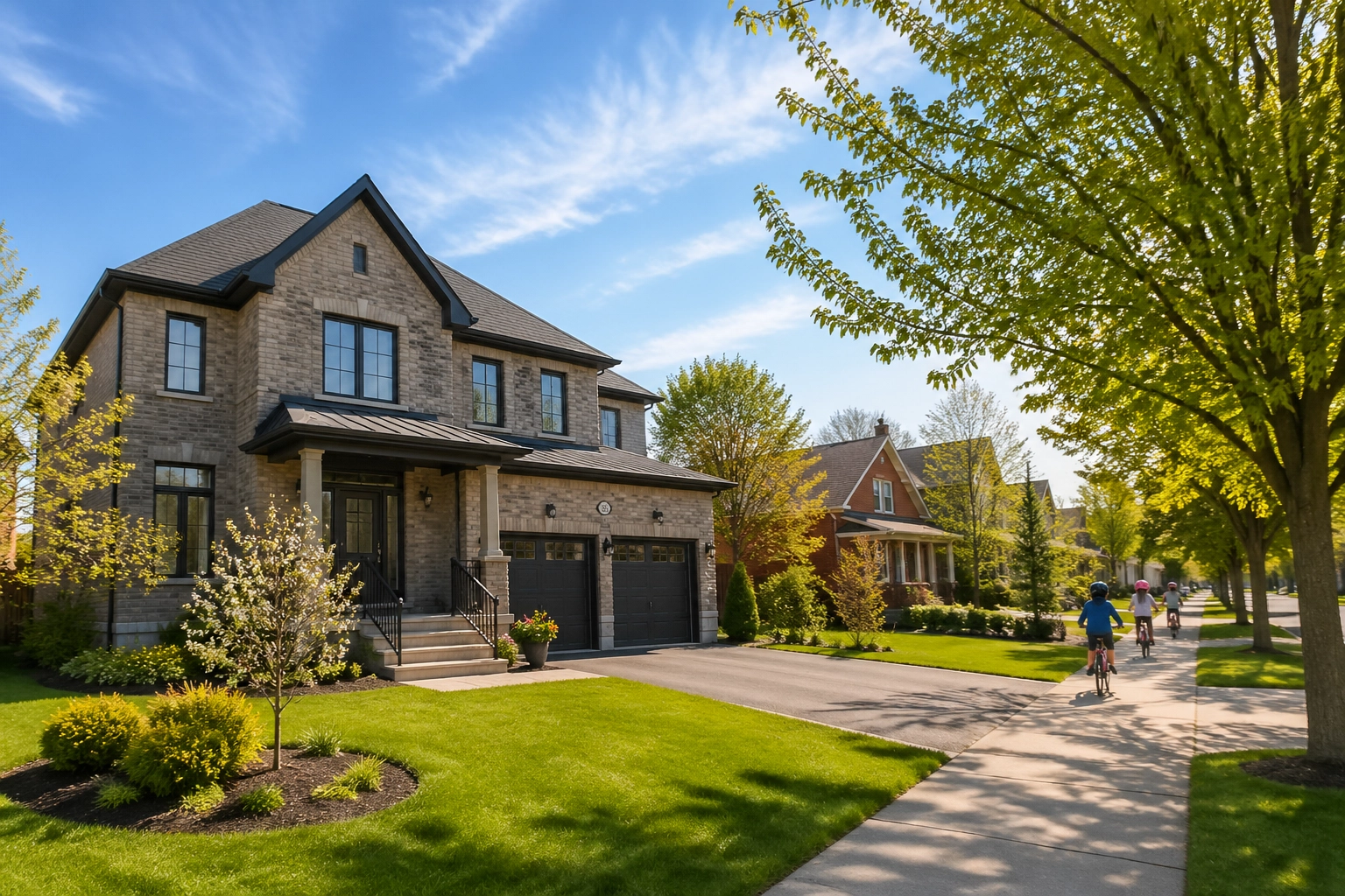 Modern Stouffville real estate on a sun-drenched suburban street, showcasing safe family-friendly neighborhoods.