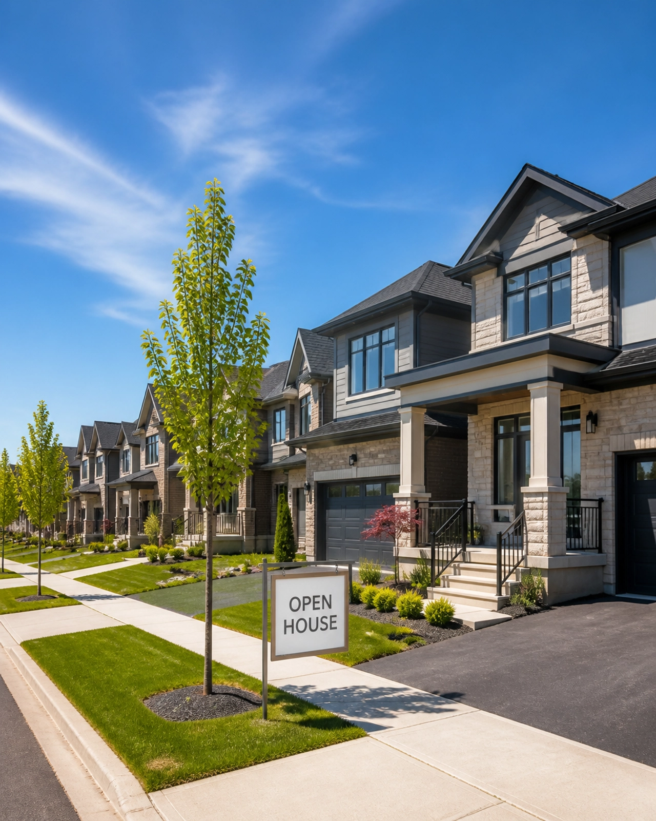 A modern suburban street in Bayview Wellington, Aurora, featuring contemporary detached homes and clean sidewalks.