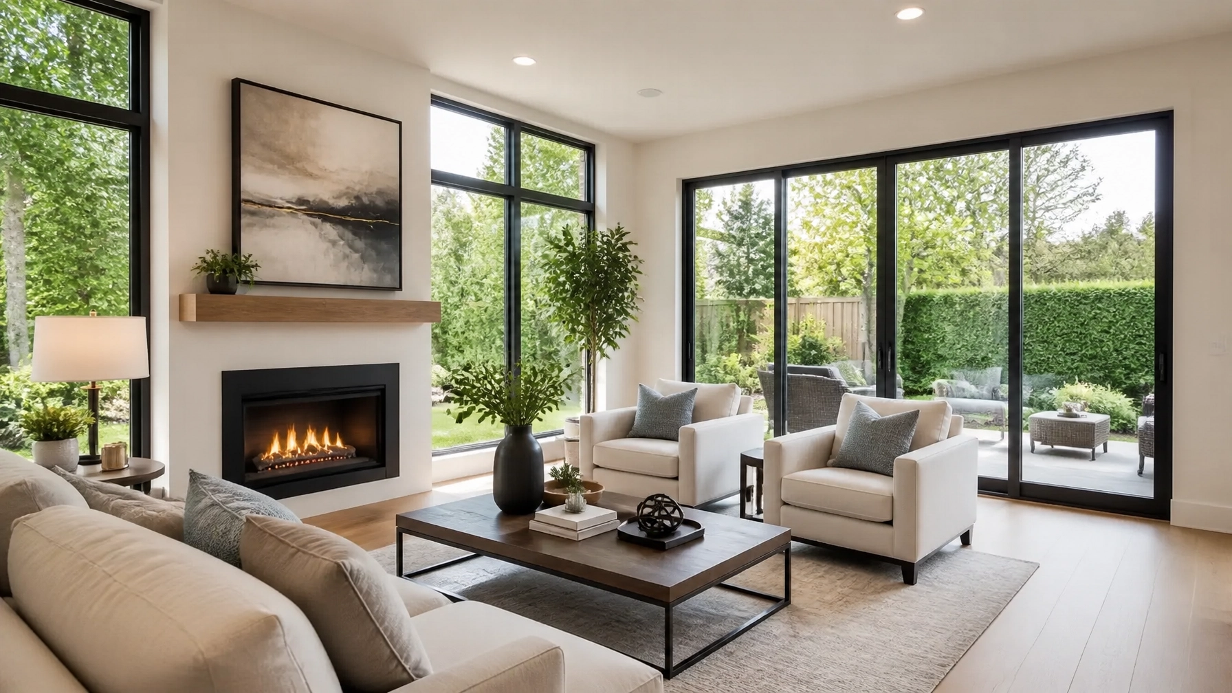 Modern, sun-drenched living room in an Aurora family home