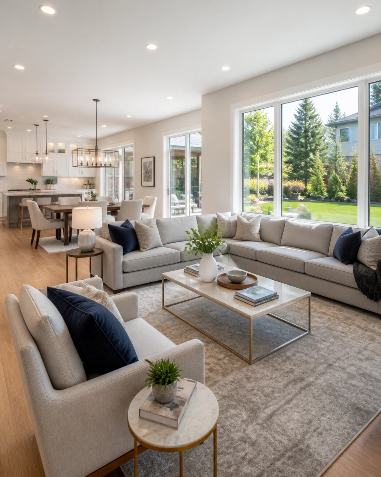 A modern, sun-drenched living room in an Innisfil home, showcasing the bright and airy lifestyle available in Simcoe County.