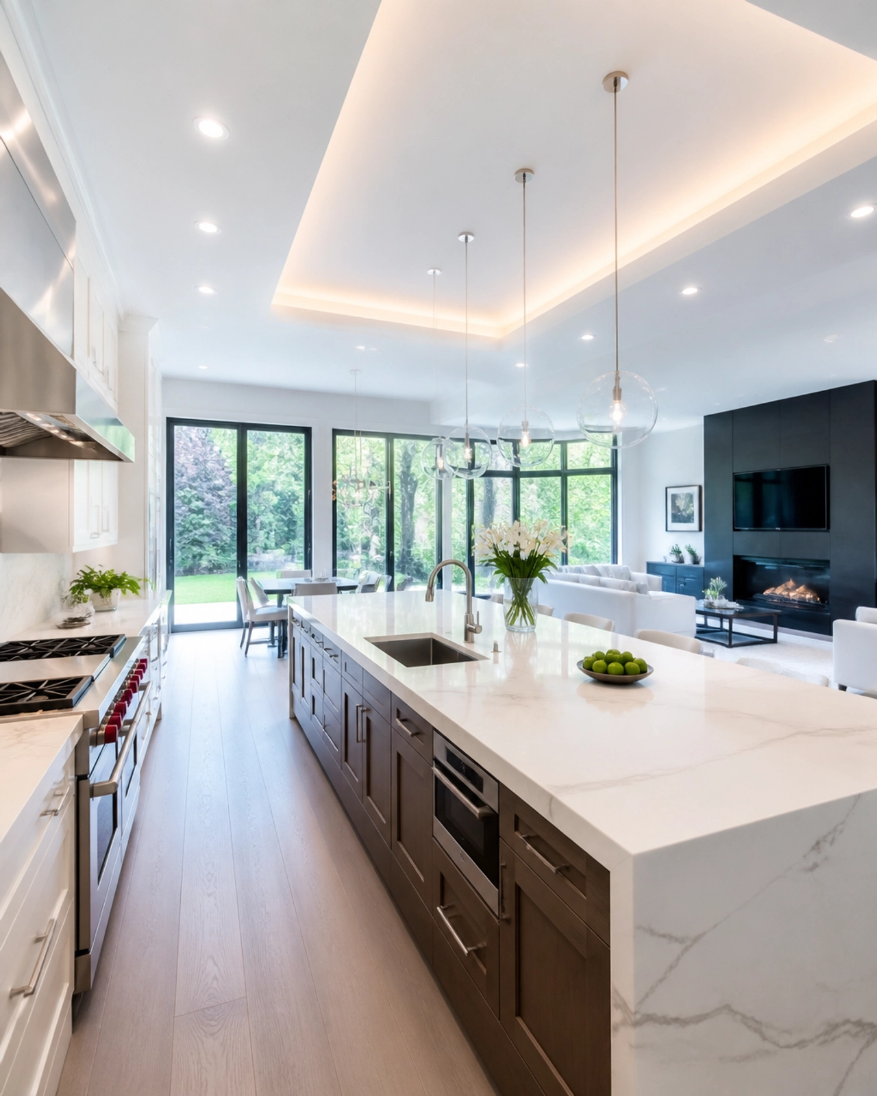 A modern, ultra-luxury kitchen in an Aurora mansion with marble countertops and high-end appliances, reflecting the quality of properties available in 2026.