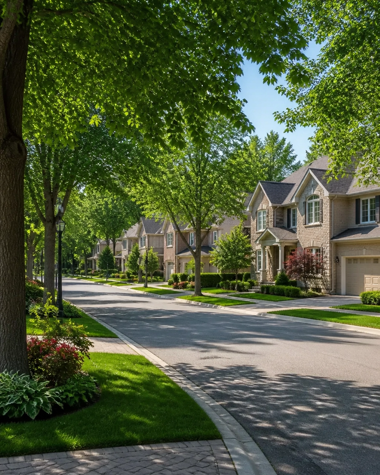 A peaceful, safe residential street in an Ontario family neighbourhood with mature trees and sidewalks.