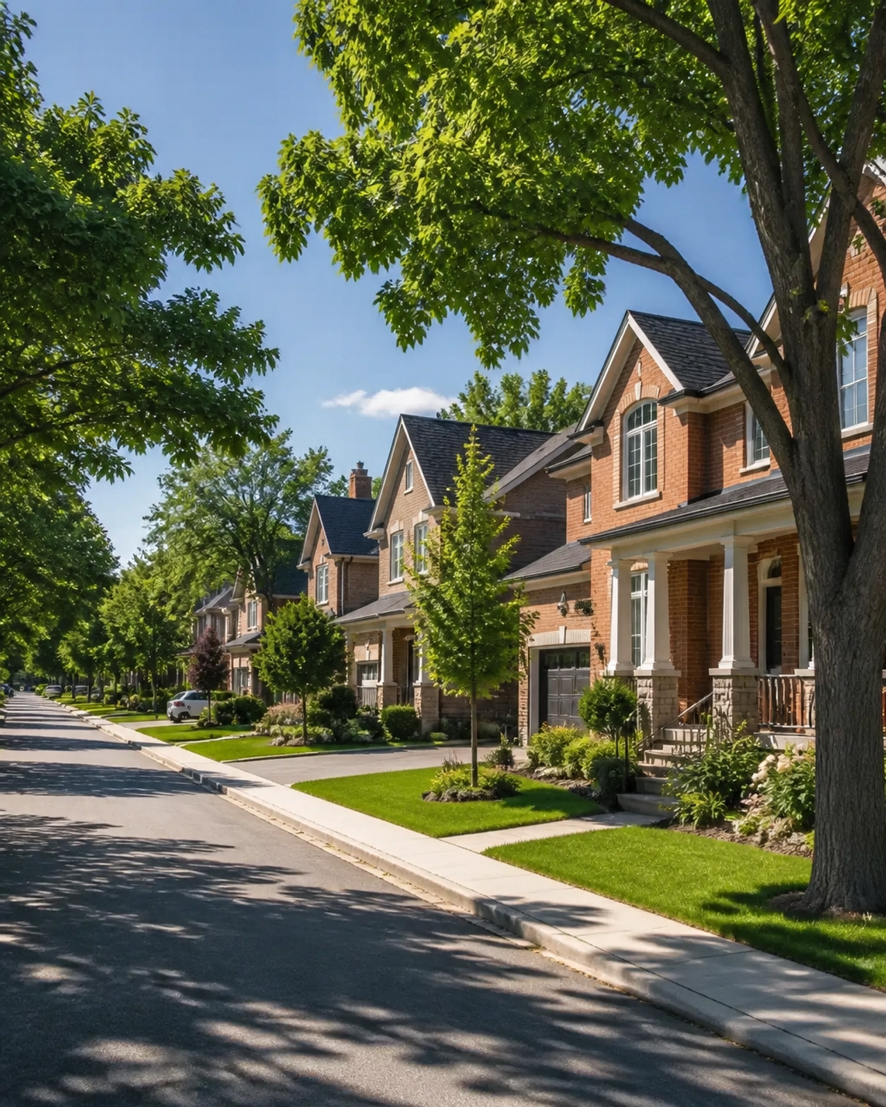 A picturesque residential street in a GTA suburb with modern brick homes