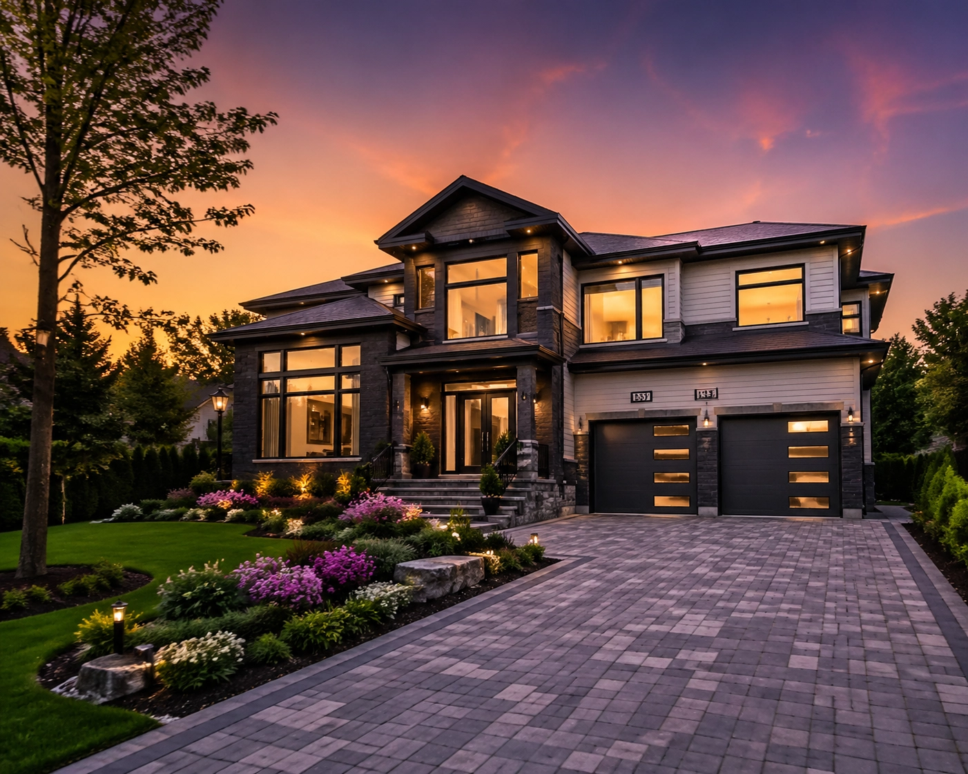 A premium detached luxury home with modern landscaping at sunset in an Innisfil neighbourhood.