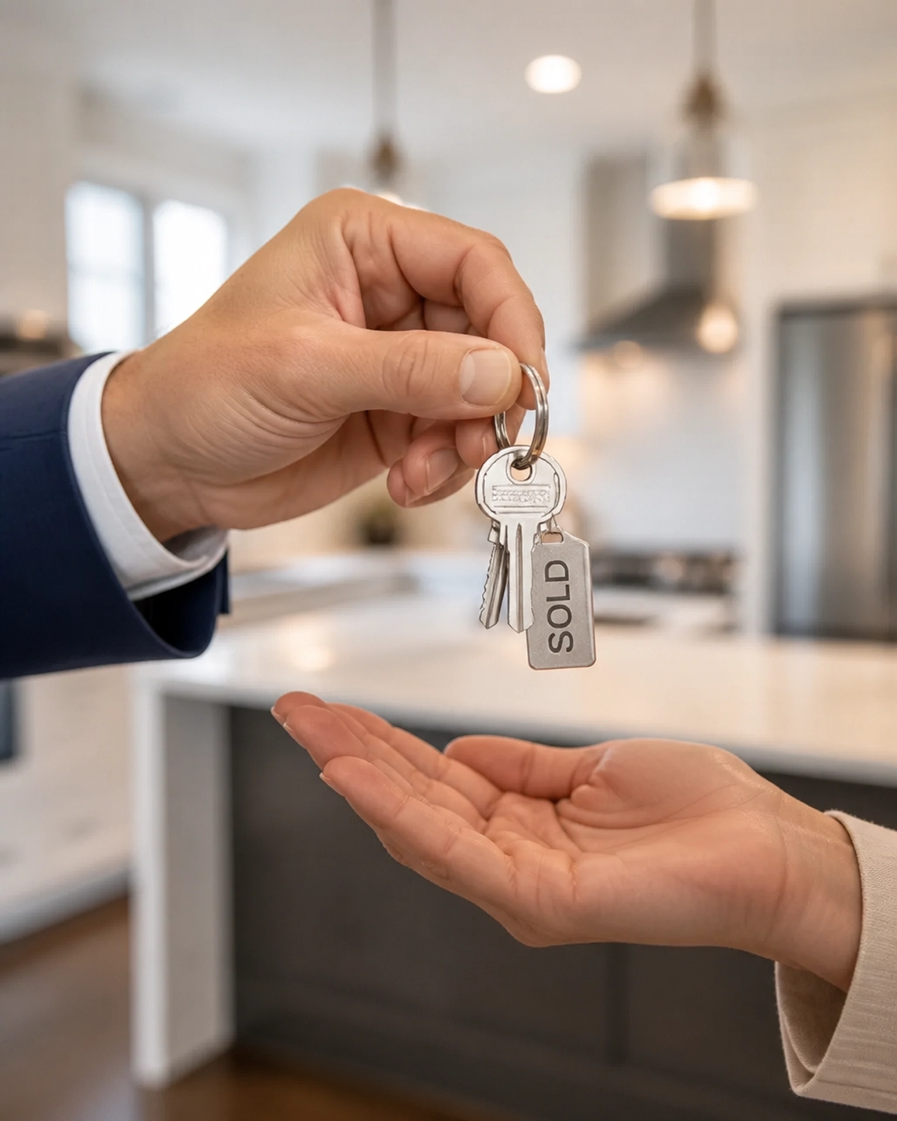 A professional close-up of house keys being handed over, symbolizing a successful and trustworthy real estate transaction.