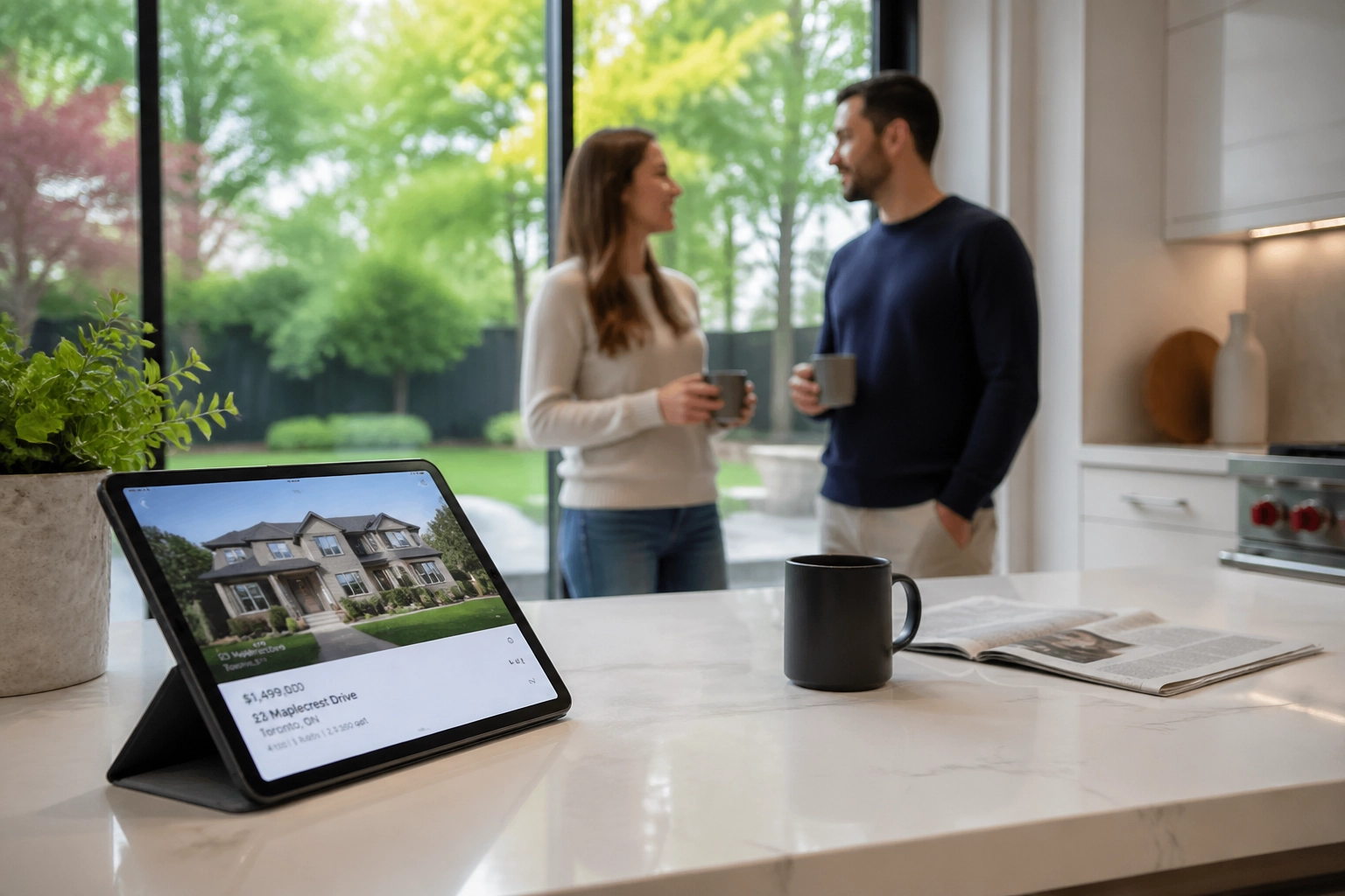 Professional couple reviewing GTA real estate listings in a modern home to prepare for a weekend house hunting trip.