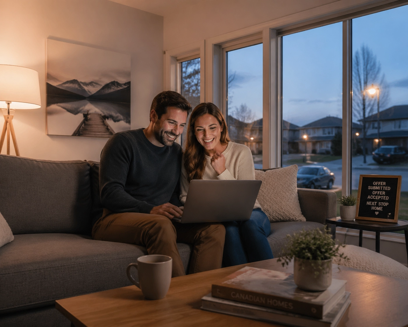 A professional couple successfully submitting a digital home offer in a modern Canadian living room.