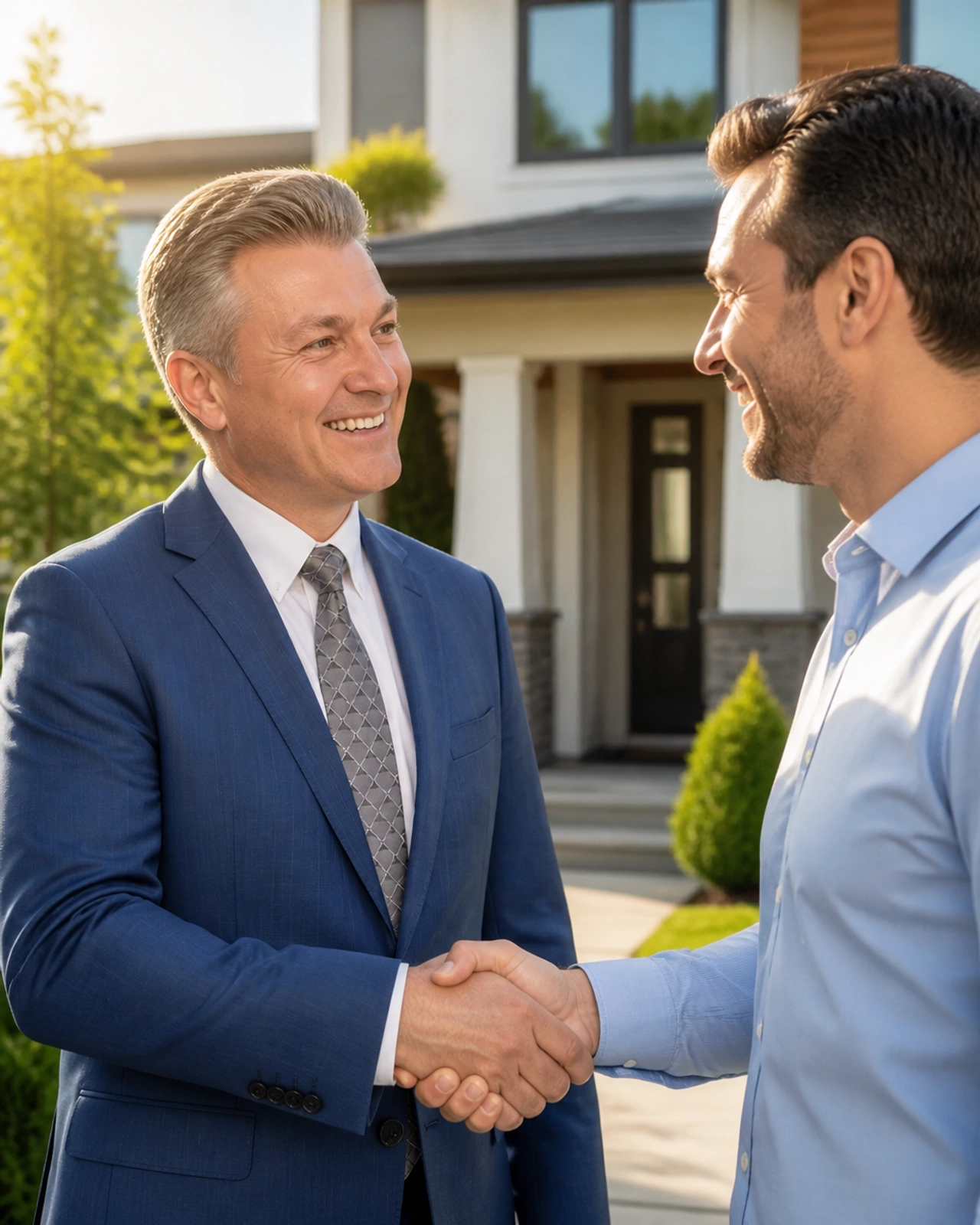 A professional real estate agent and a client shaking hands in front of a modern home.