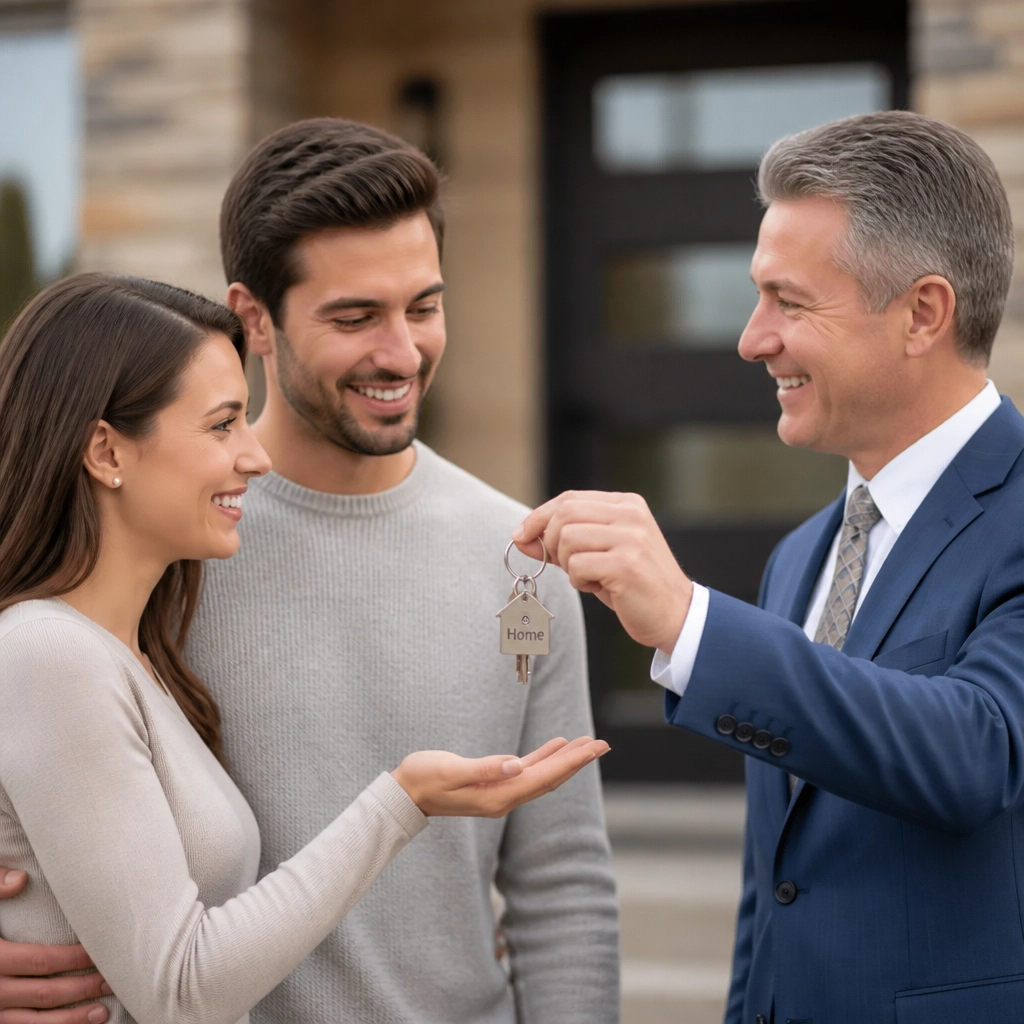 Professional real estate agent handing over keys to a new home
