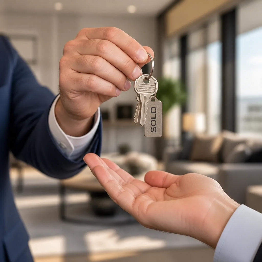 A professional real estate agent handing over keys to a client, symbolizing a successful and profitable home sale in Bradford
