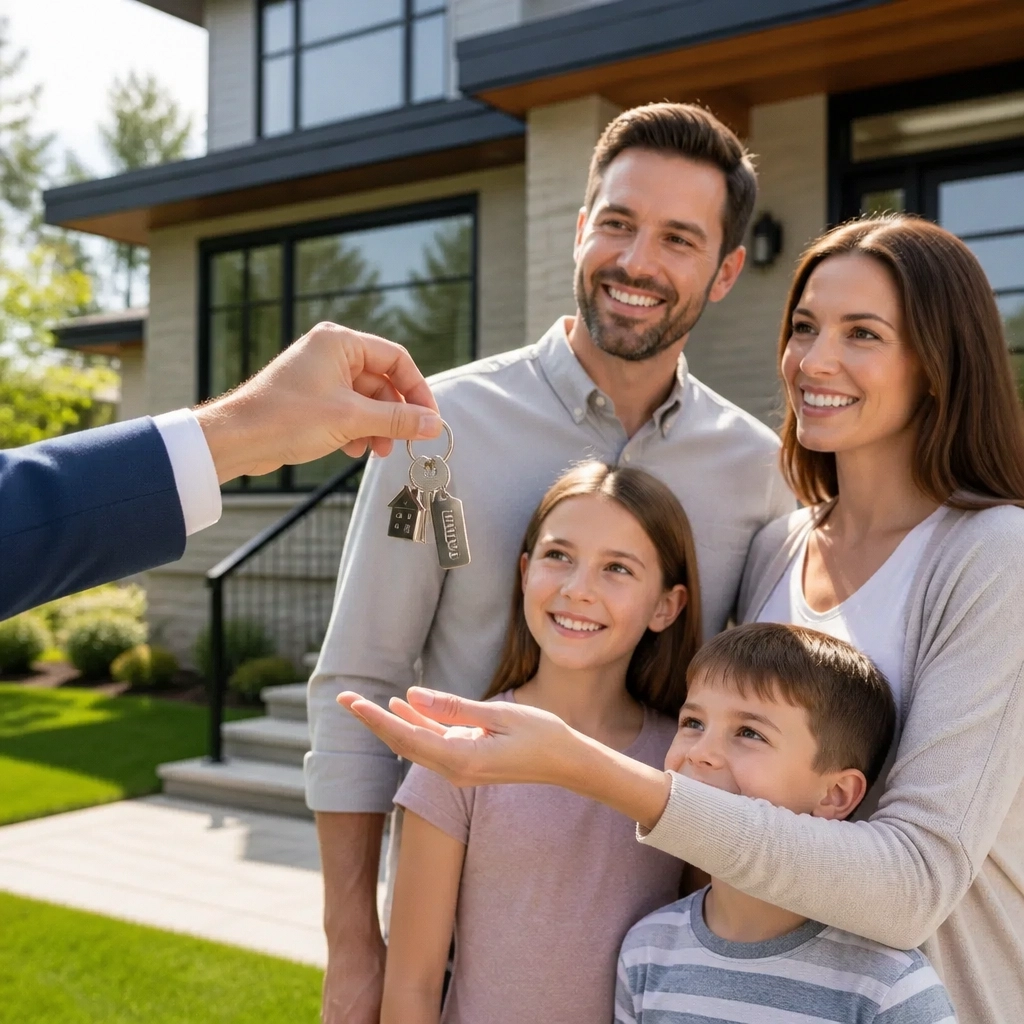 A professional real estate agent handing over keys to a happy family in a sunny Ontario suburban setting.