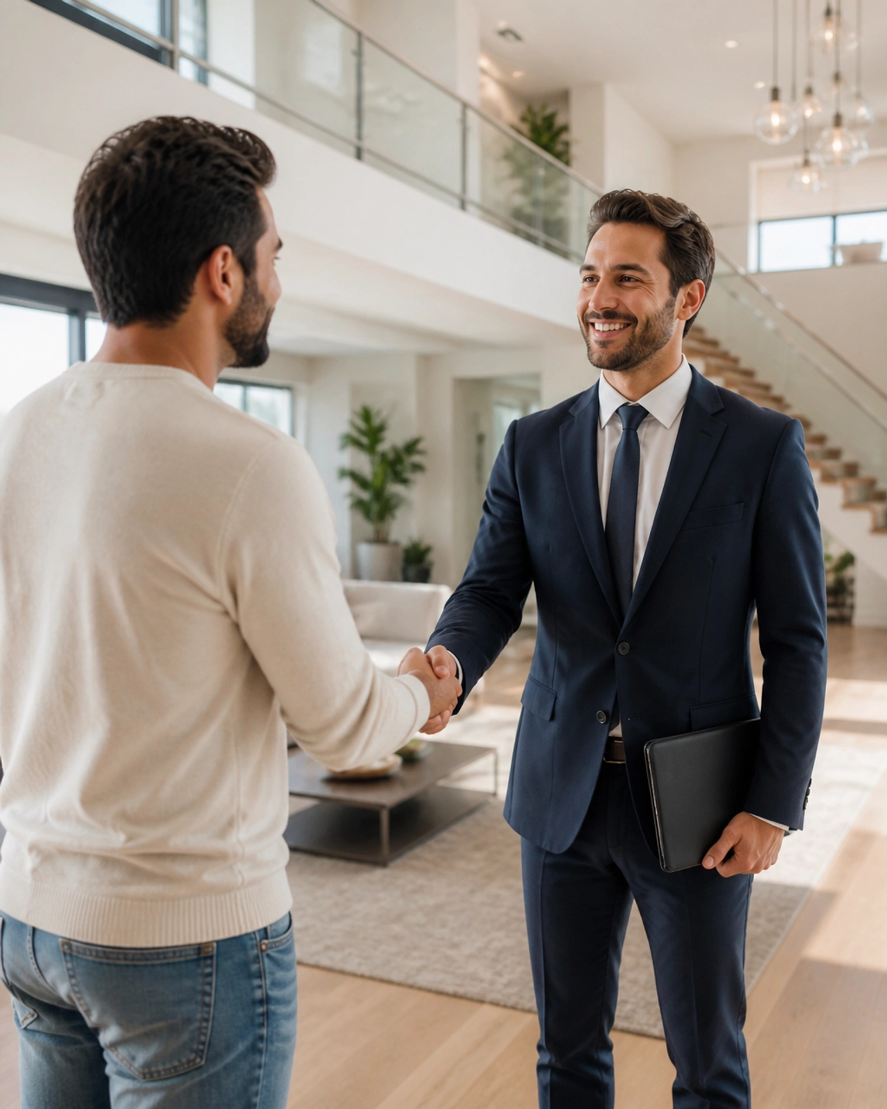 A professional real estate agent shaking hands with a client in a modern luxury home, symbolizing a successful and personalized property transaction.