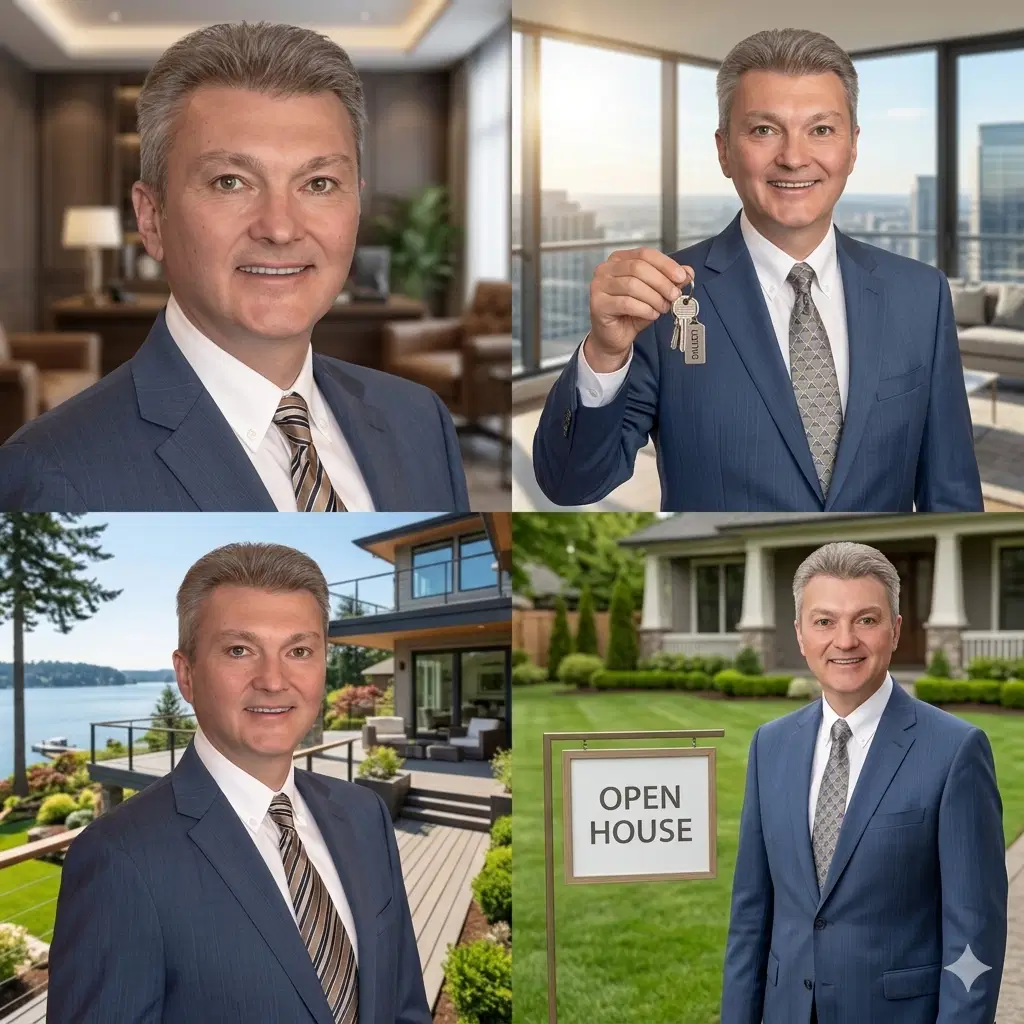 A professional real estate agent shaking hands with a client in an office