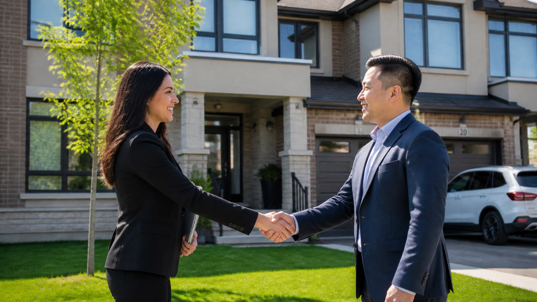 Professional real estate agent shaking hands with a satisfied client in front of a beautiful suburban townhouse in Mississauga.