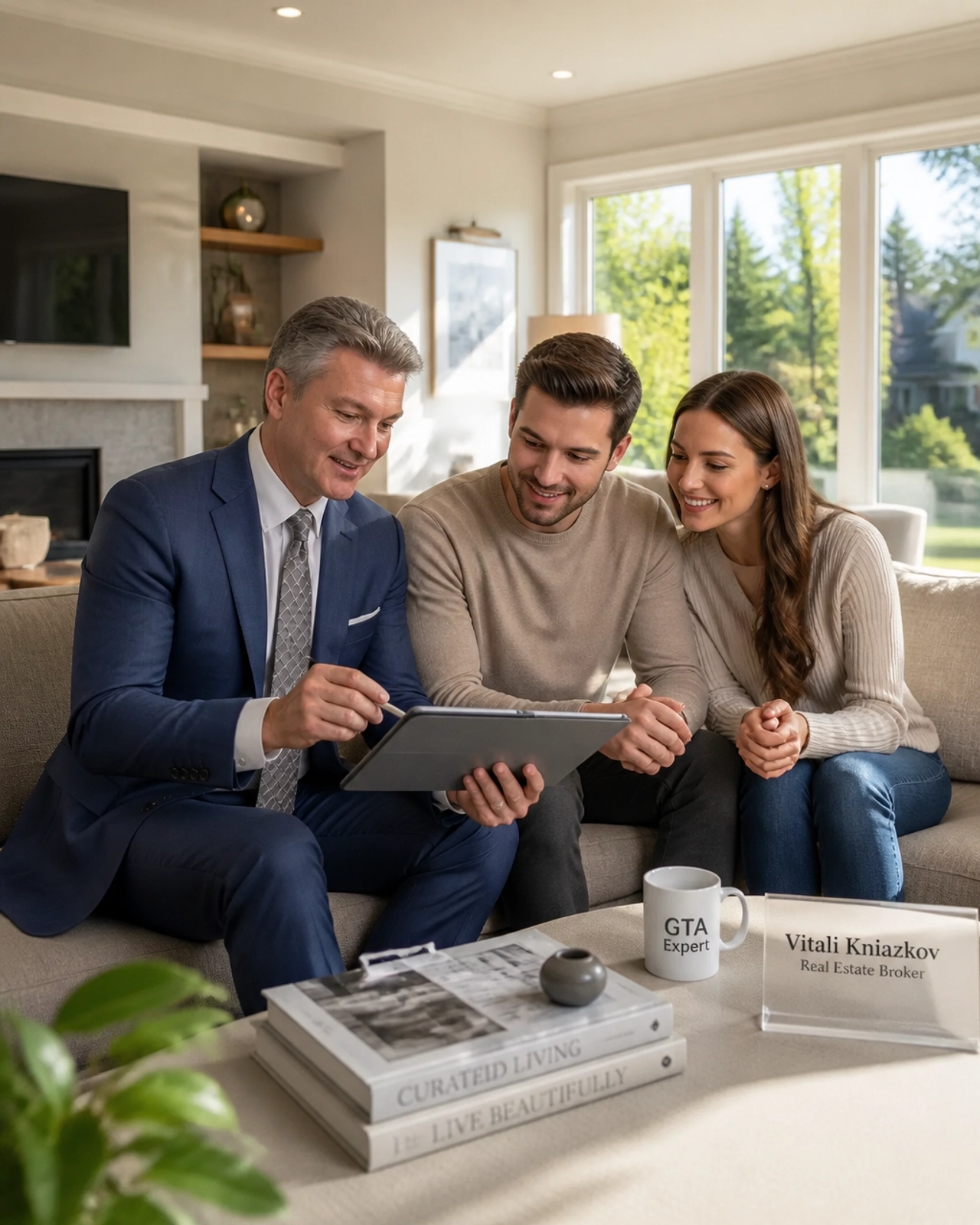 A professional real estate agent sitting with a young Slavic couple in a sunlit living room, reviewing documents on a tablet.