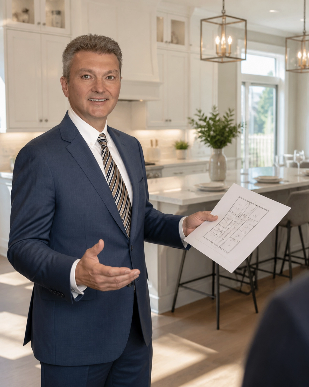A professional real estate agent smiling warmly in a modern Richmond Hill kitchen, symbolizing expert guidance.