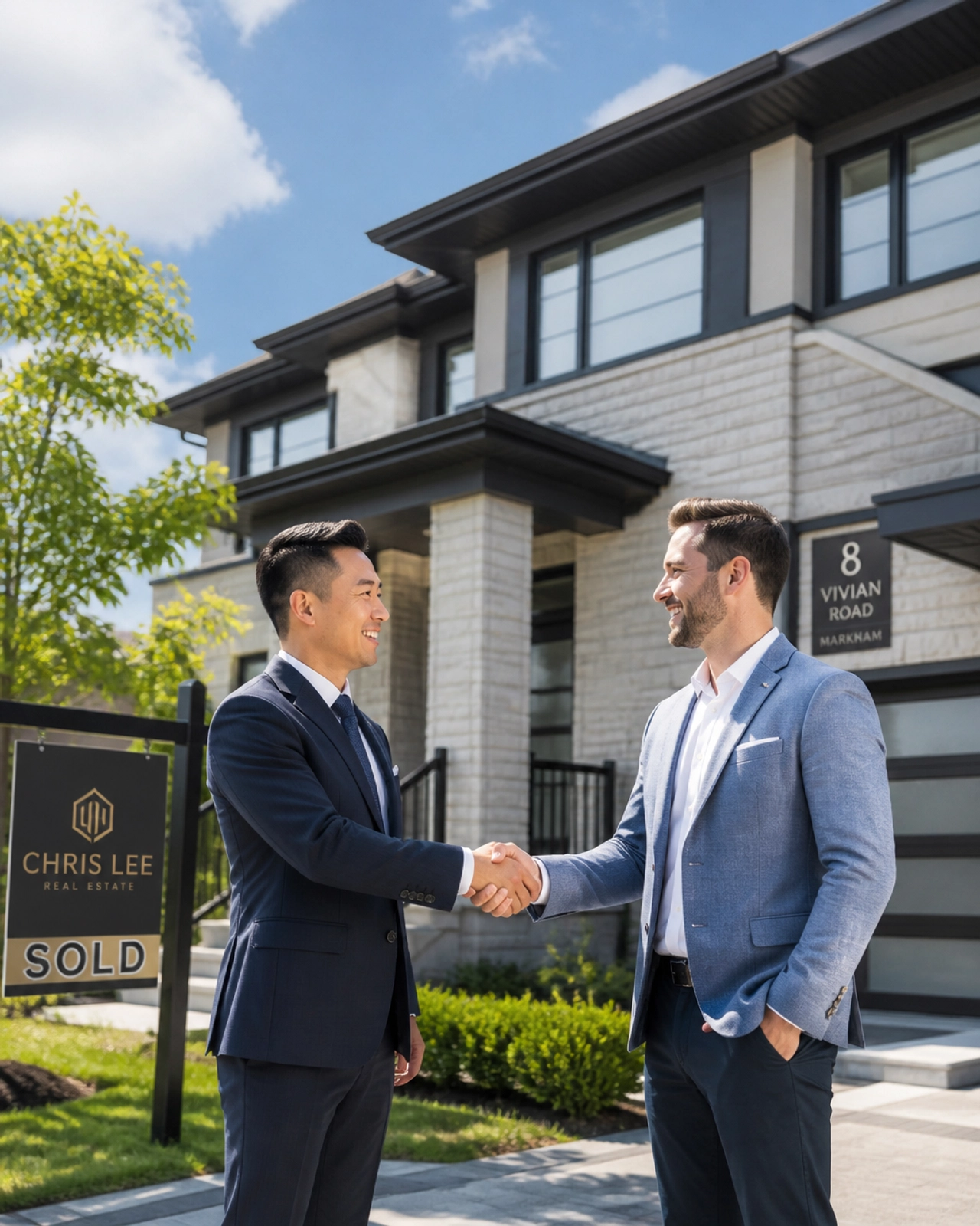 A professional real estate broker shaking hands with a happy investor in front of a modern Markham home.