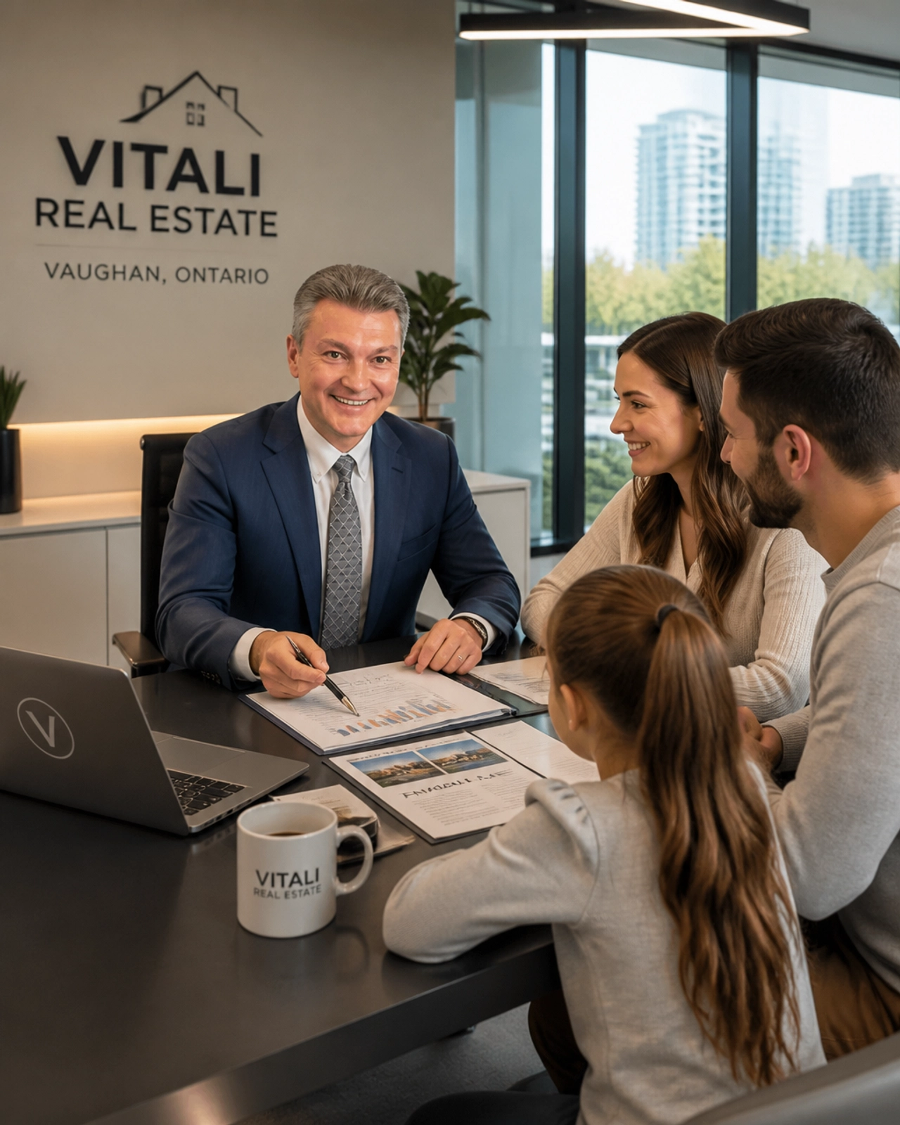 Professional real estate consultation in a modern Vaughan office with Vitali and a young family