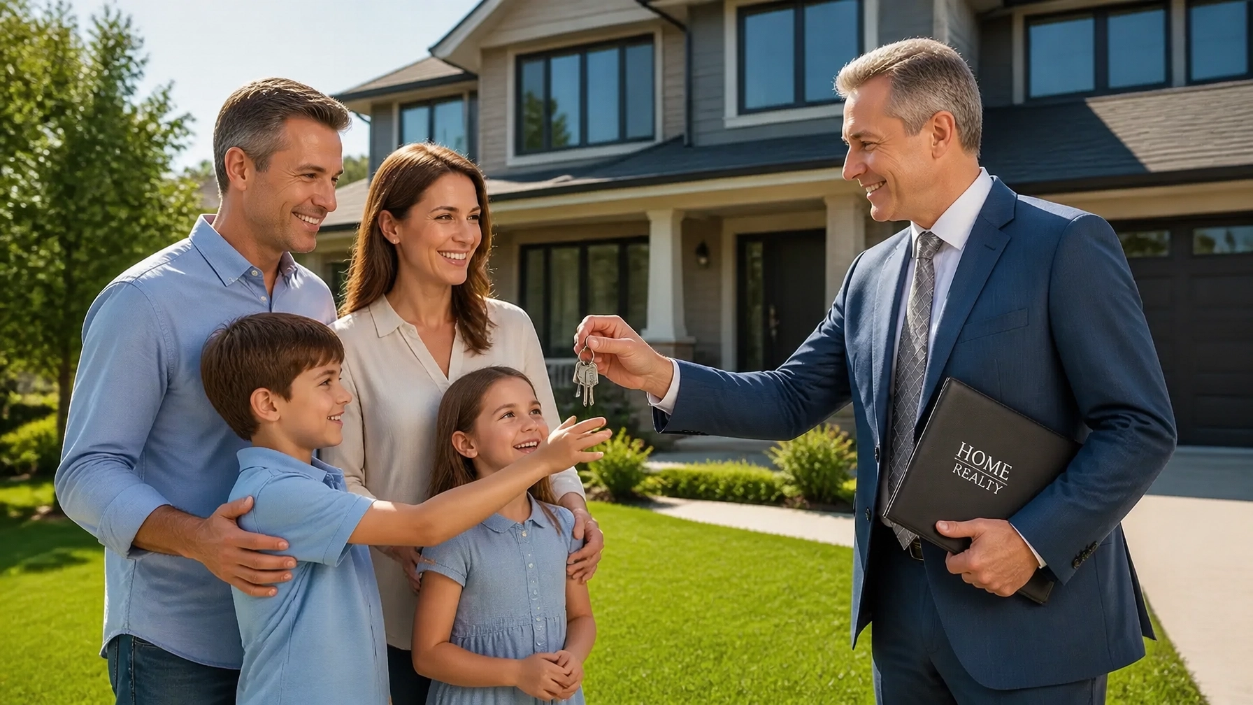 A professional real estate exchange in Ontario, symbolizing a successful move for a happy family.