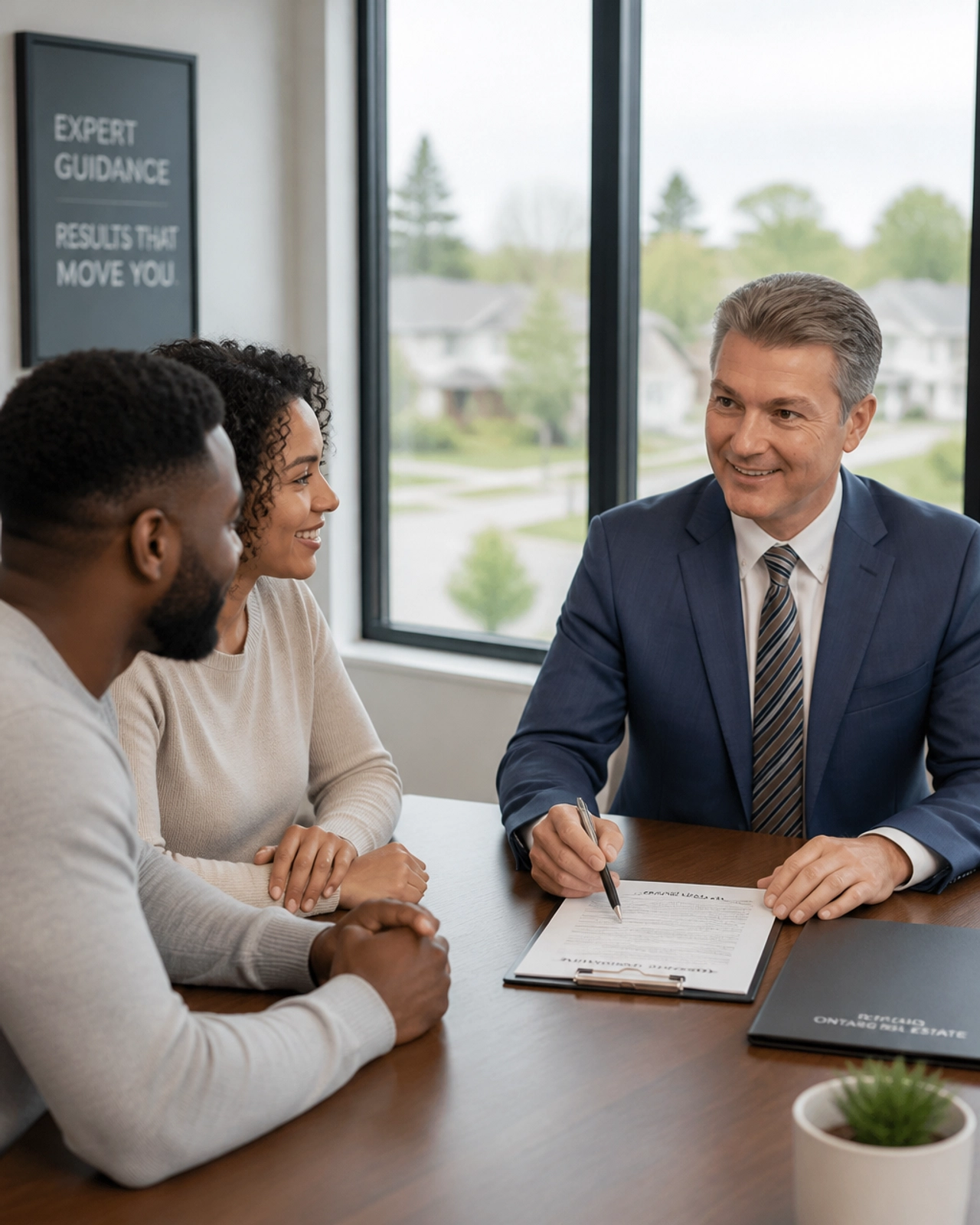 A professional real estate negotiation session between a broker and a client in a bright, modern office.