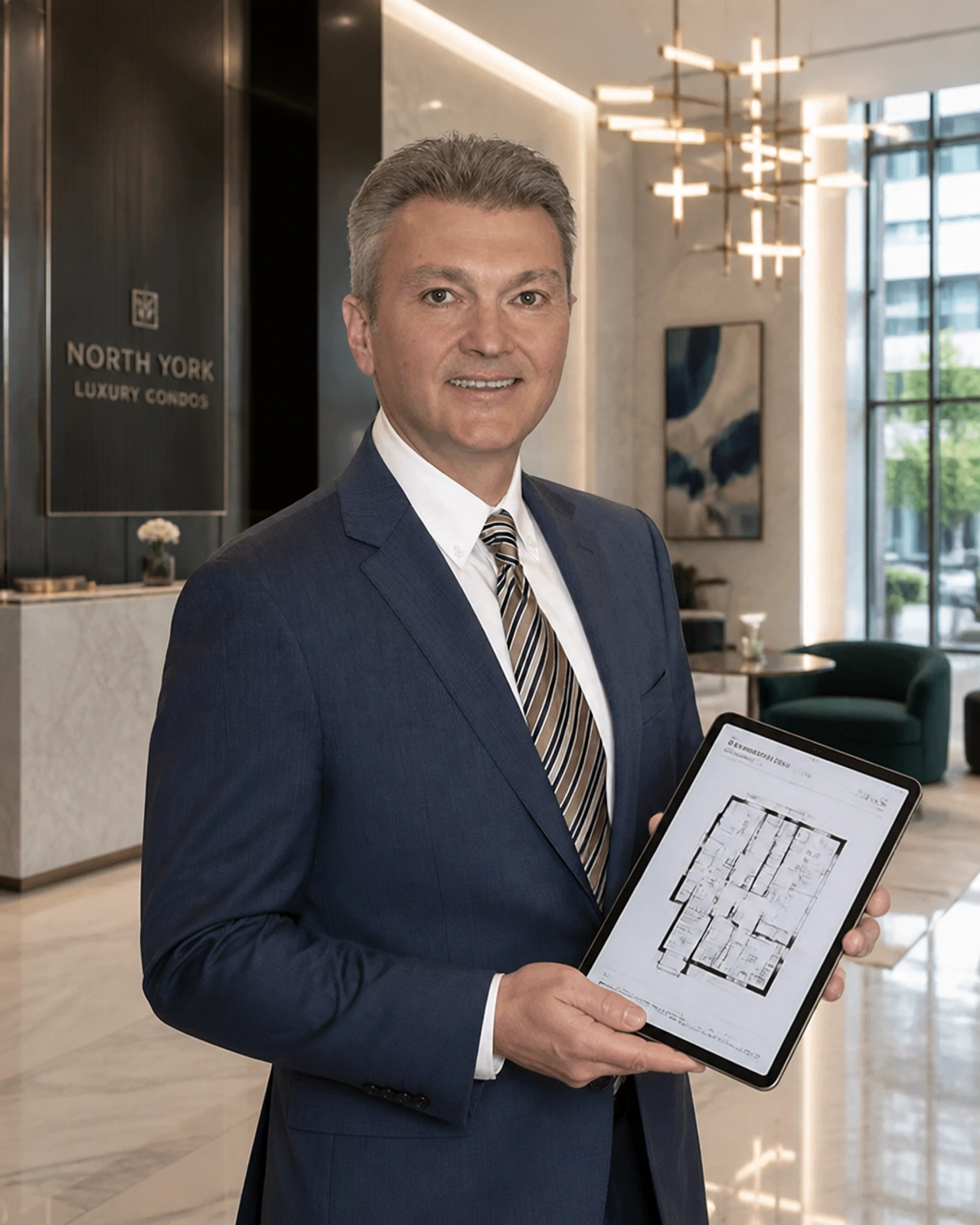Professional realtor holding a tablet with floor plans in a modern condo lobby