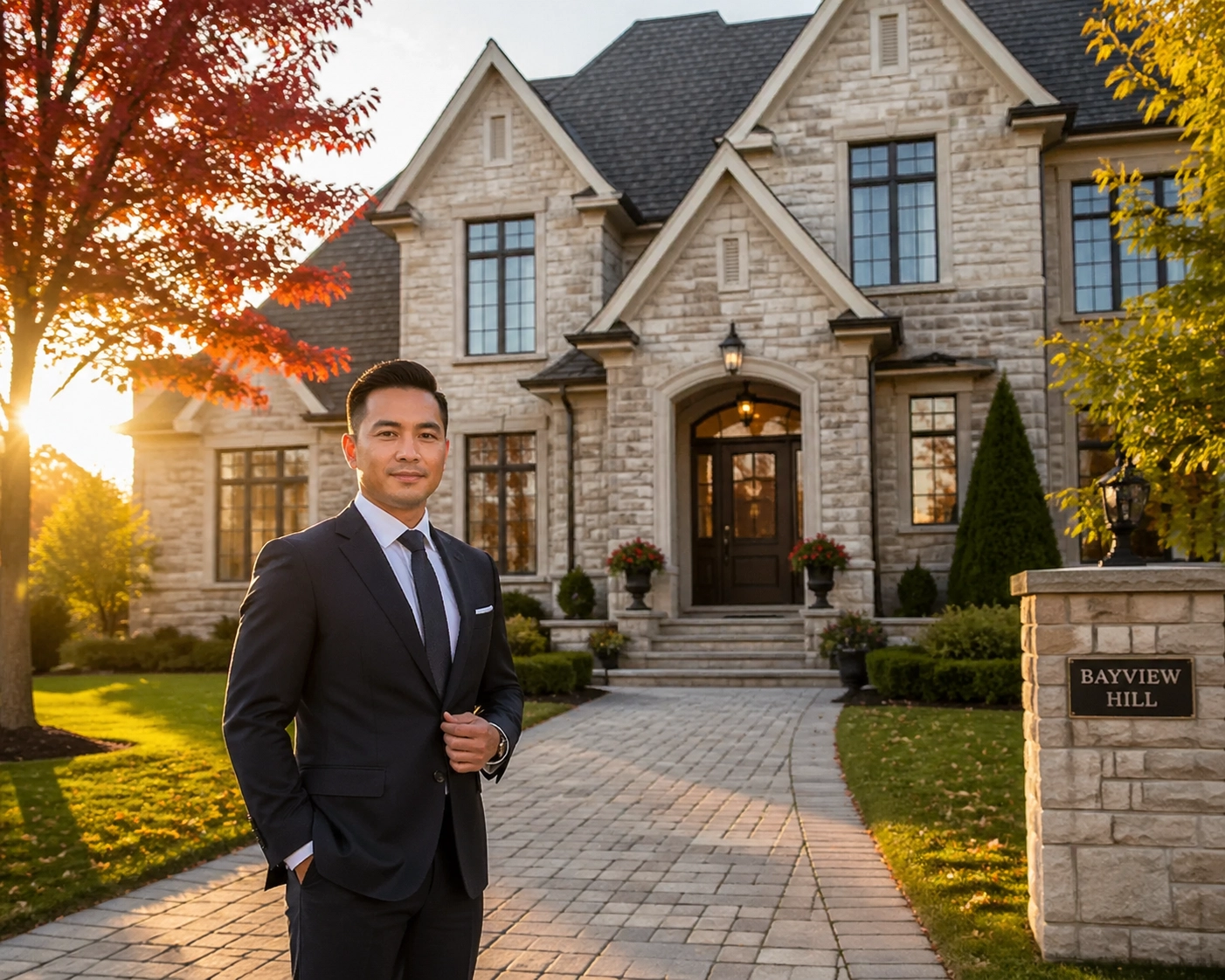 Professional Richmond Hill realtor standing in front of a luxury estate home in Bayview Hill.