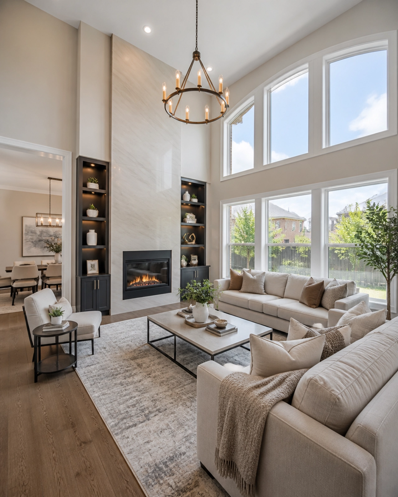 A professionally staged modern living room in a Markham home, showcasing neutral tones and bright natural light.