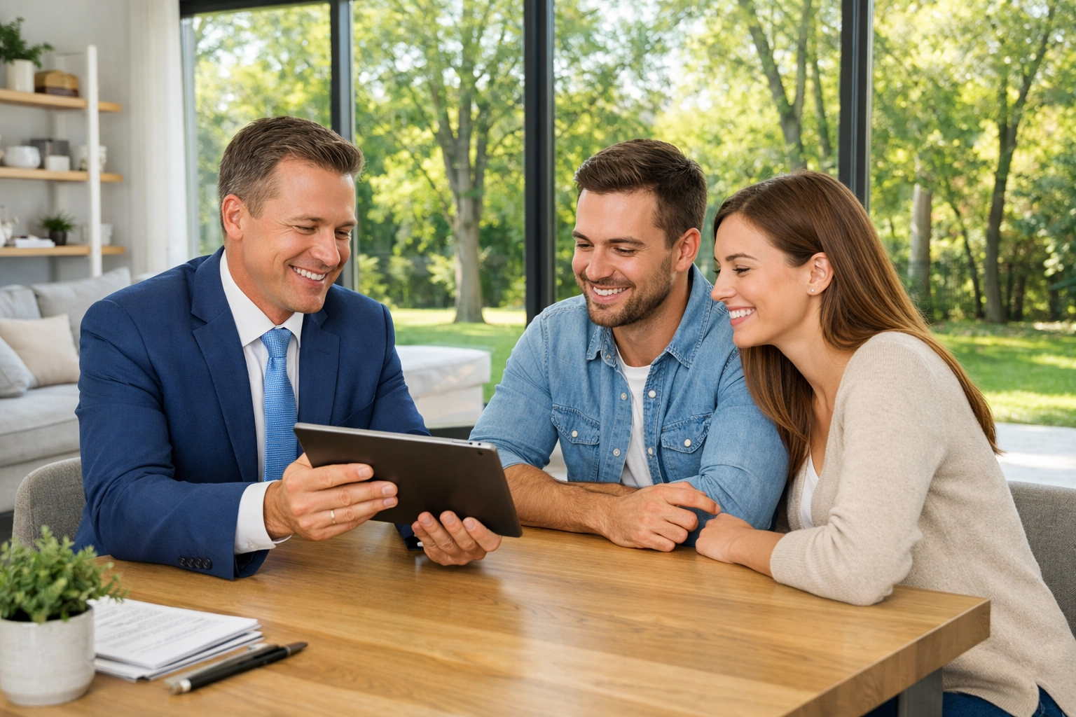 Real Estate Agent discussing mortgage pre-approval with clients in Bradford.
