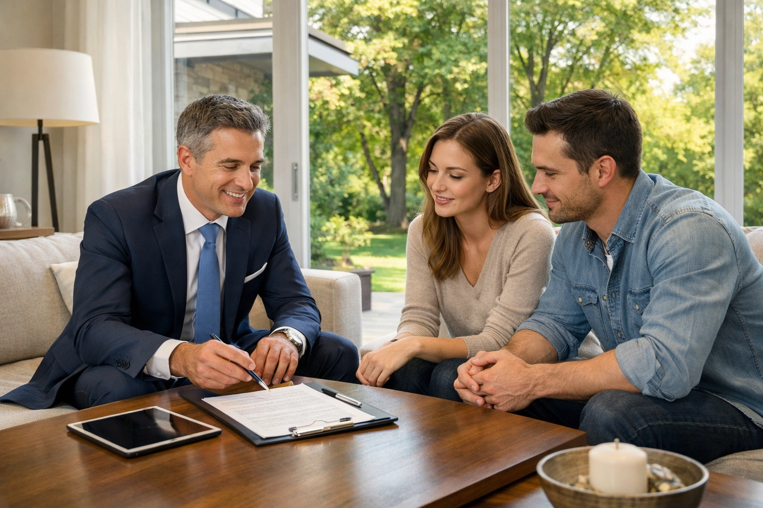A real estate negotiation expert in the GTA discussing terms with buyers in a modern Richmond Hill home.