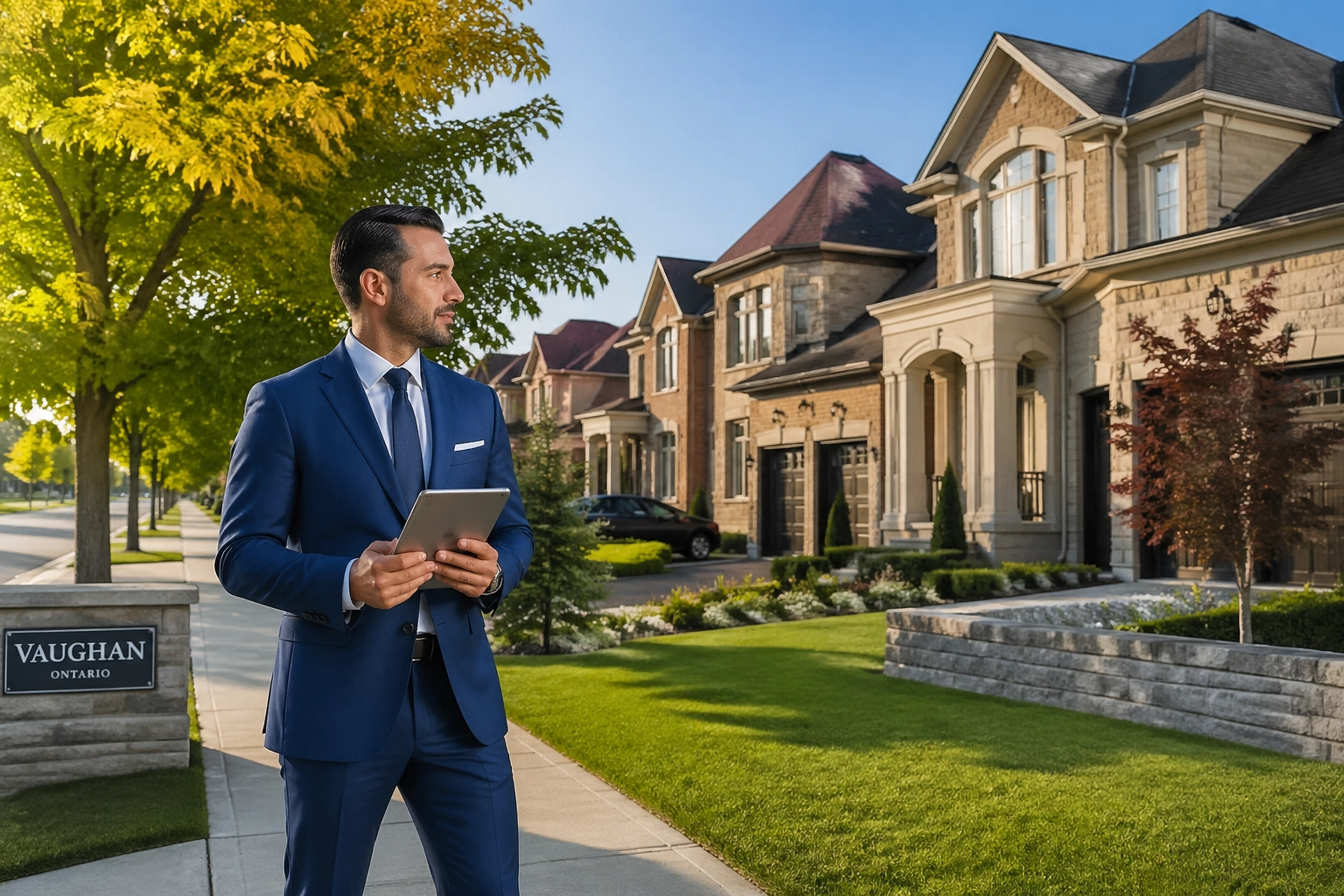 Real estate professional analyzing an investment property portfolio in a prestigious Vaughan residential neighborhood.