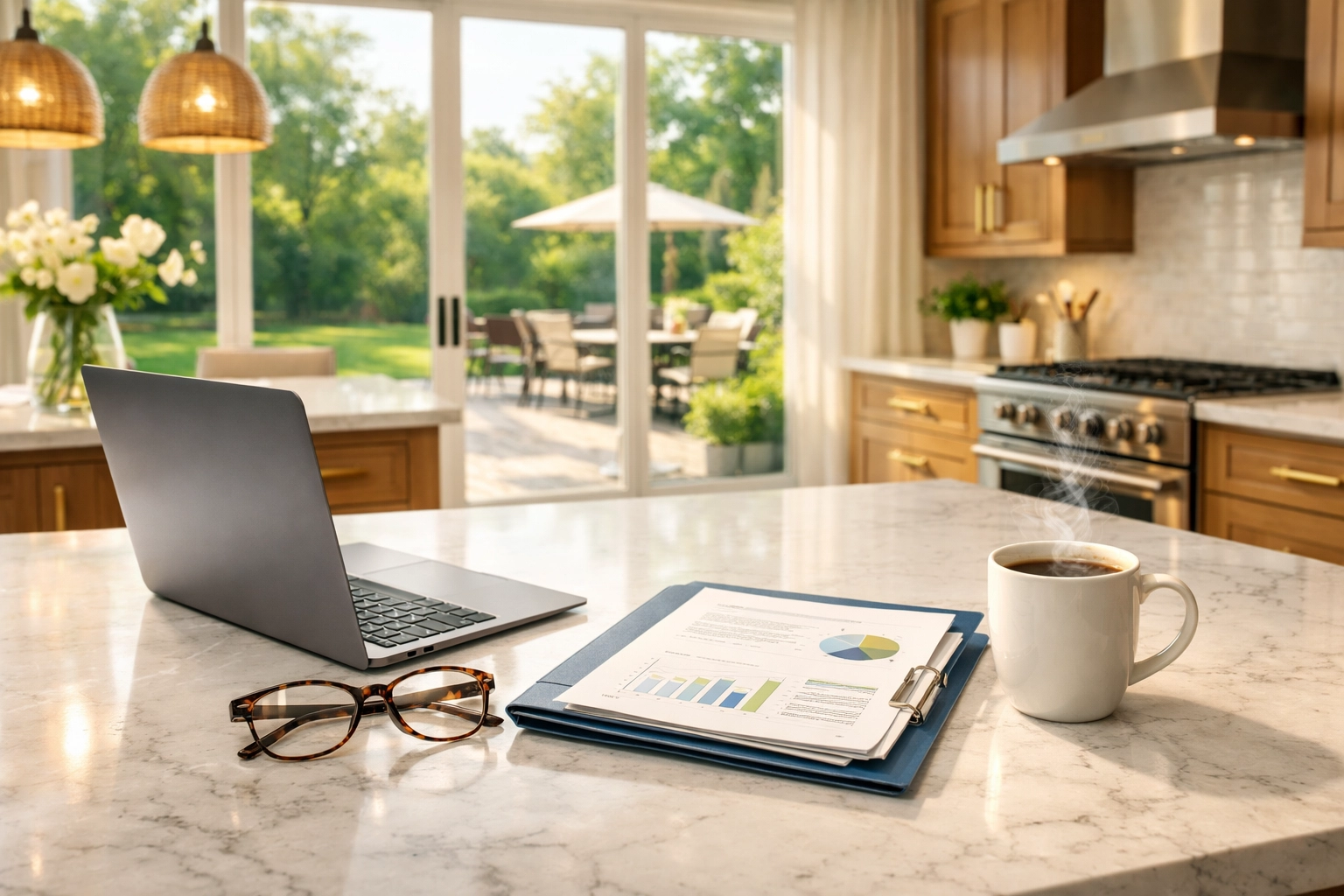 Reviewing Bradford Ontario real estate property tax documents in a modern sun-drenched kitchen.