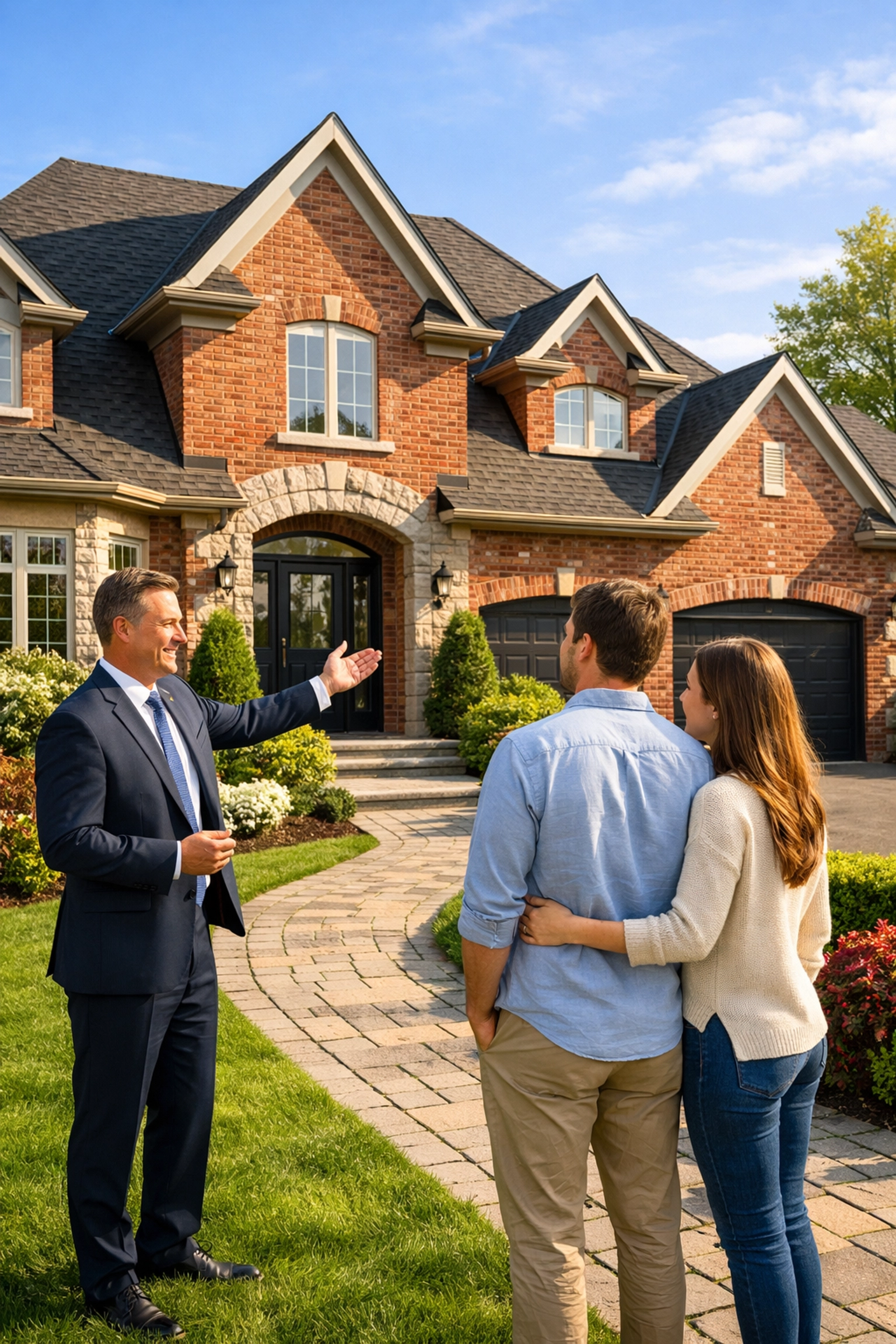 Richmond Hill real estate agent showing a modern brick house to a couple during the spring buying season.